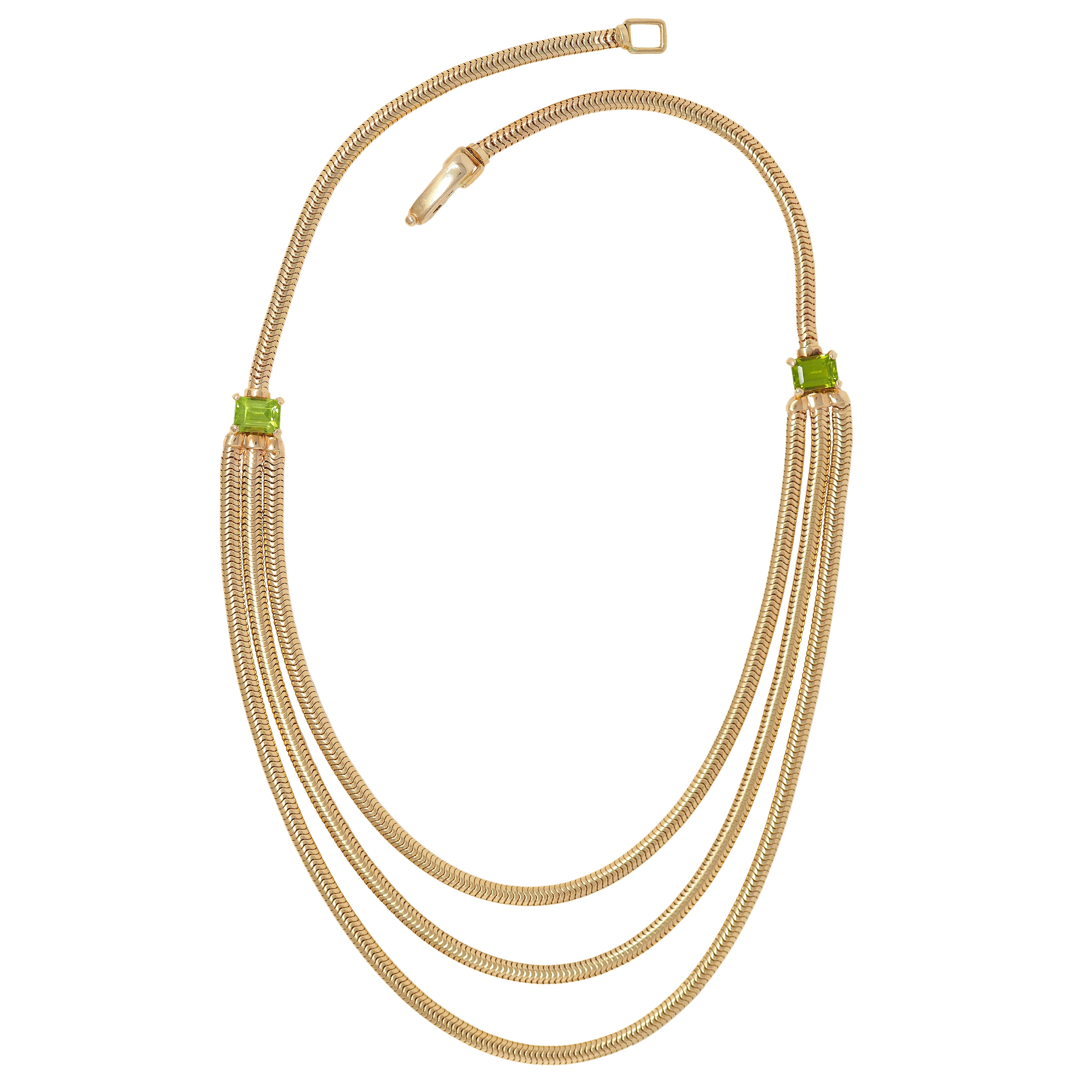 1990's Peridot 14K Gold Vintage Swagged Multi-Strand Snake Chain Necklace