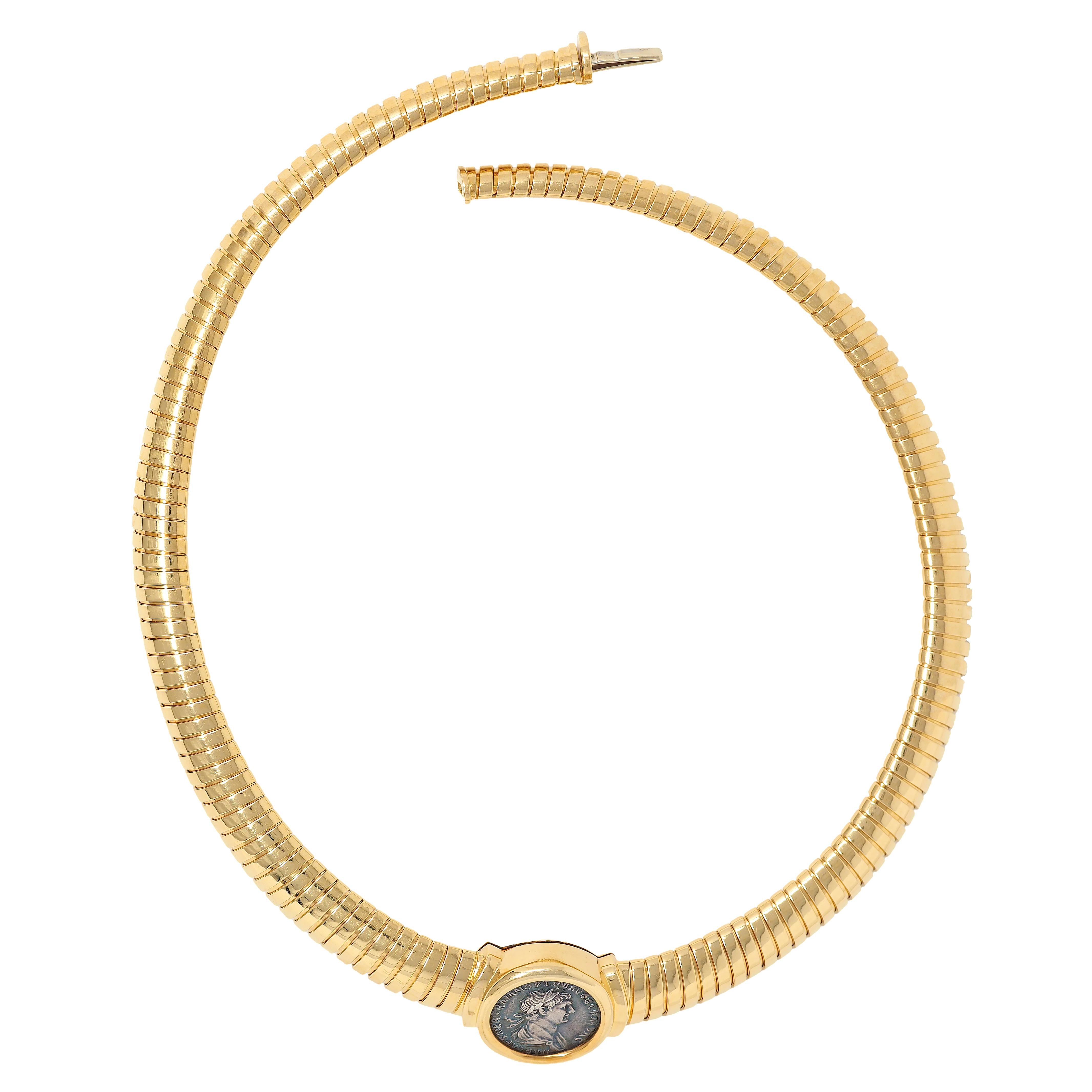 Bulgari 1980's 18K Yellow Gold Vintage Roman Trajan Coin Monete Tubogas Necklace