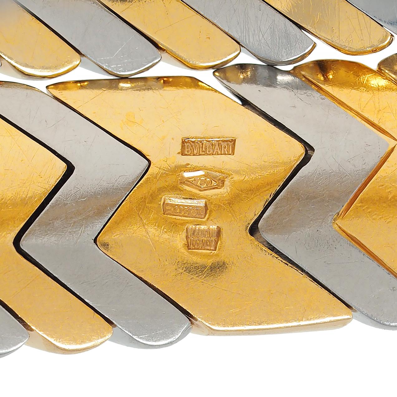 Bulgari 18K Gold Stainless Steel Spiga Chevron Wrap Vintage Bangle Bracelet