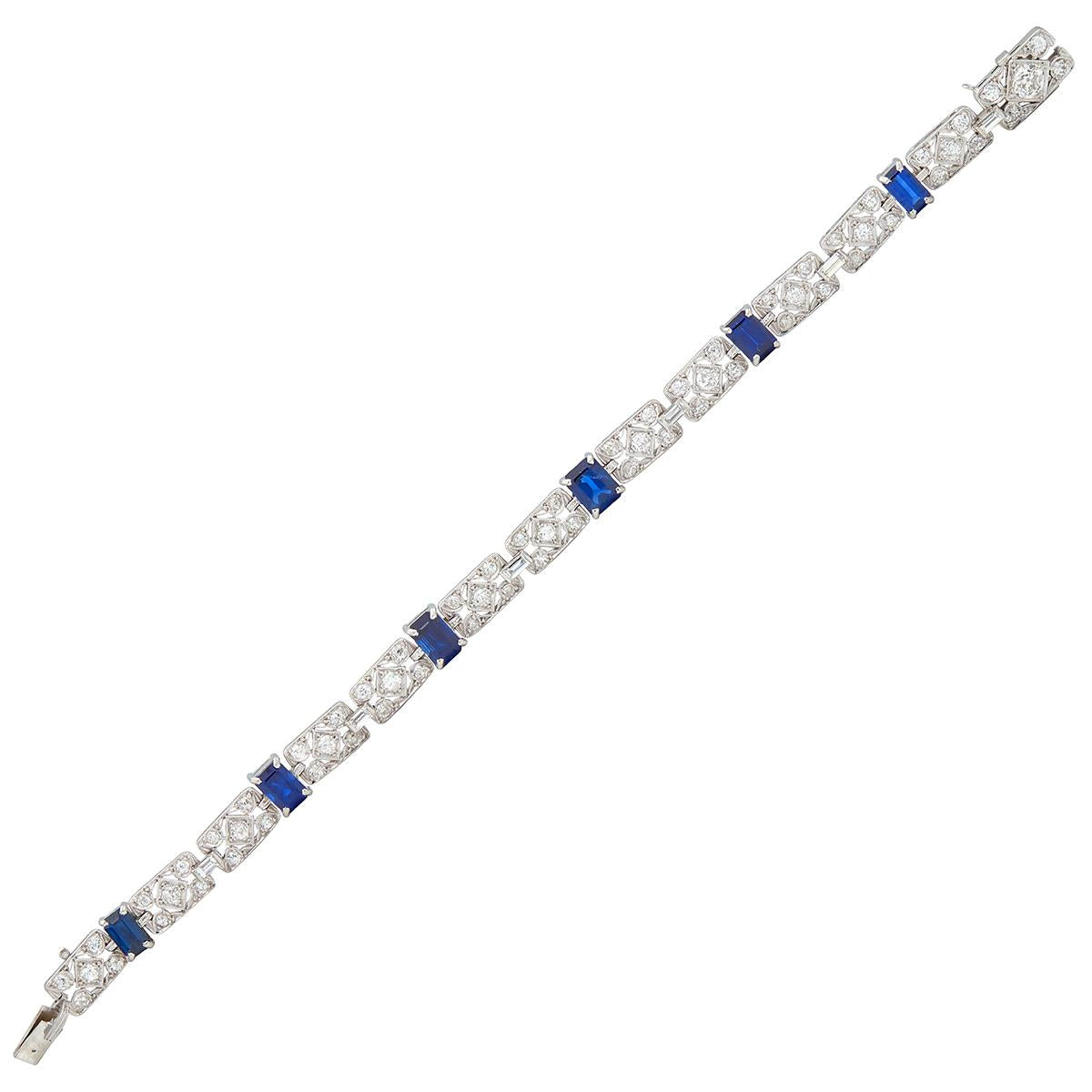 Art Deco Diamond Sapphire Platinum Vintage Geometric Line Bracelet
