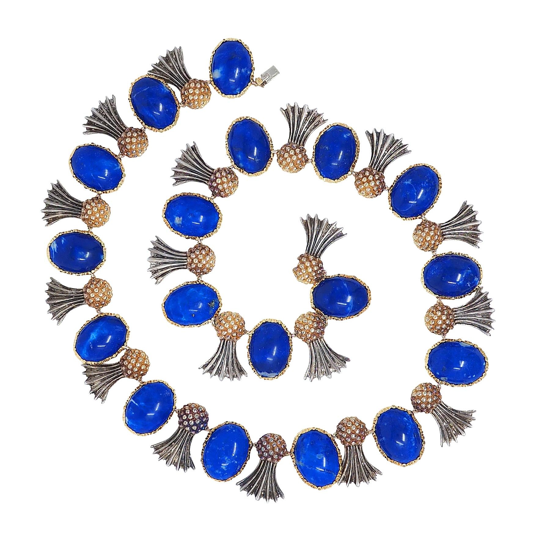 Buccellati 1960's Lapis Lazuli 18K Gold Silver Vintage Pineapple Fringe Necklace