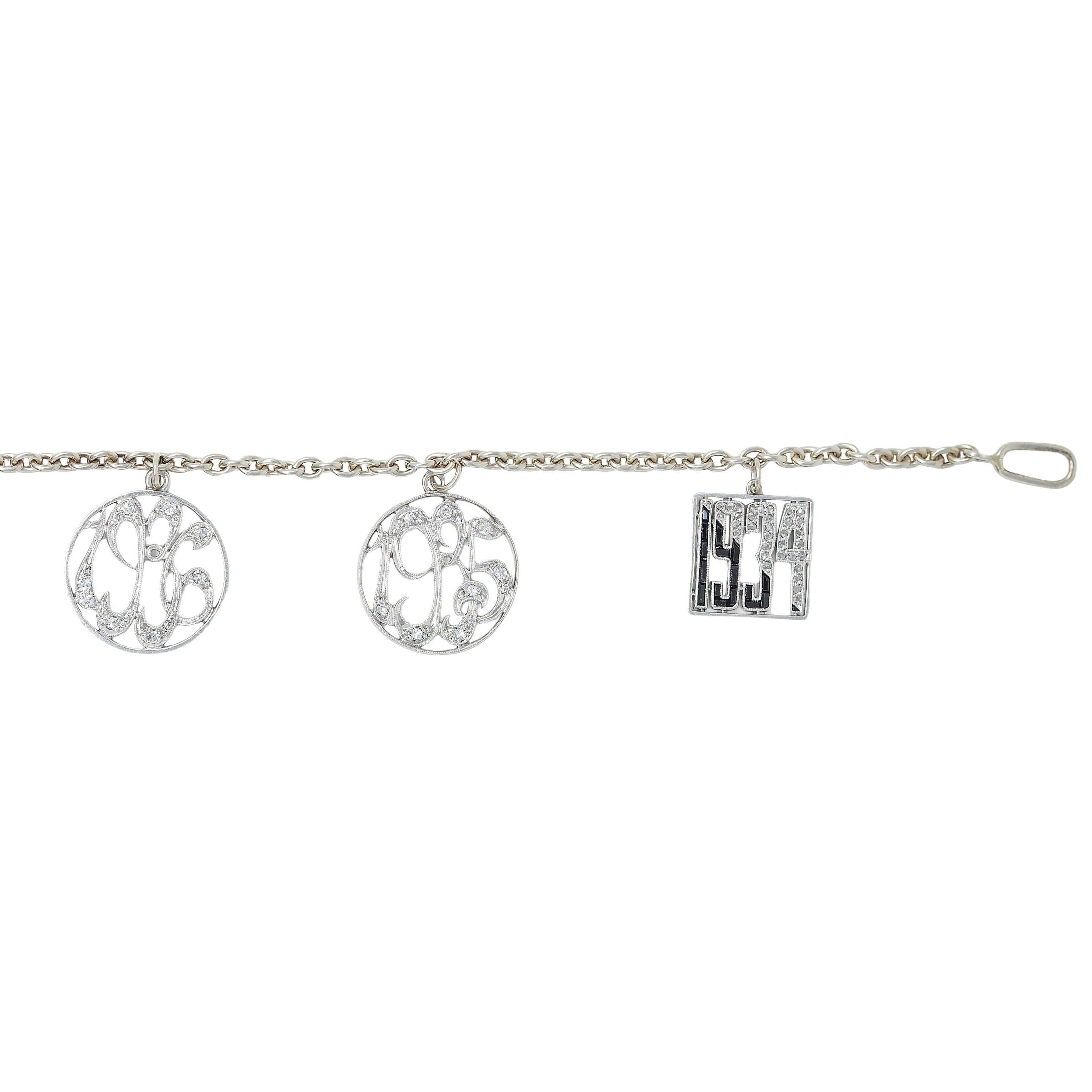JE Caldwell Art Deco Diamond Onyx Platinum 14K Gold Vintage Date Charm Bracelet