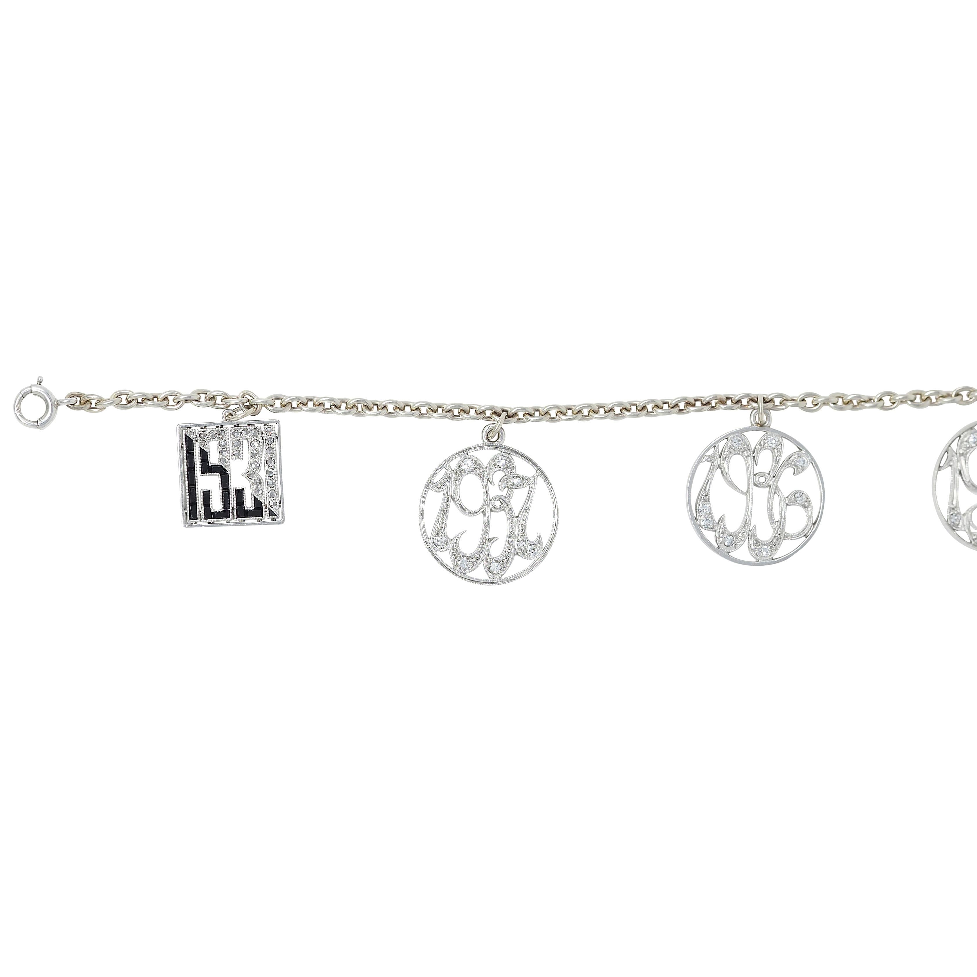 JE Caldwell Art Deco Diamond Onyx Platinum 14K Gold Vintage Date Charm Bracelet