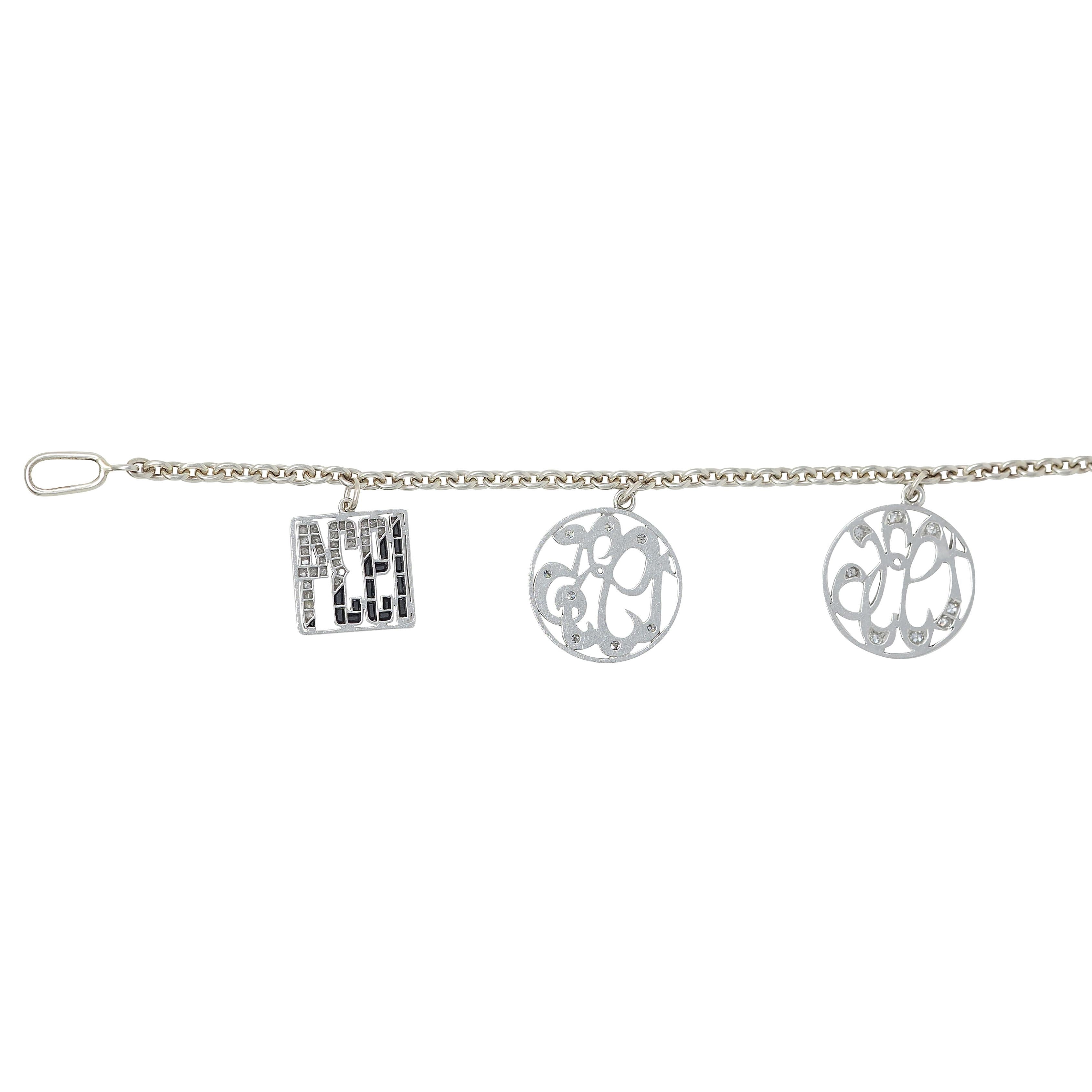 JE Caldwell Art Deco Diamond Onyx Platinum 14K Gold Vintage Date Charm Bracelet