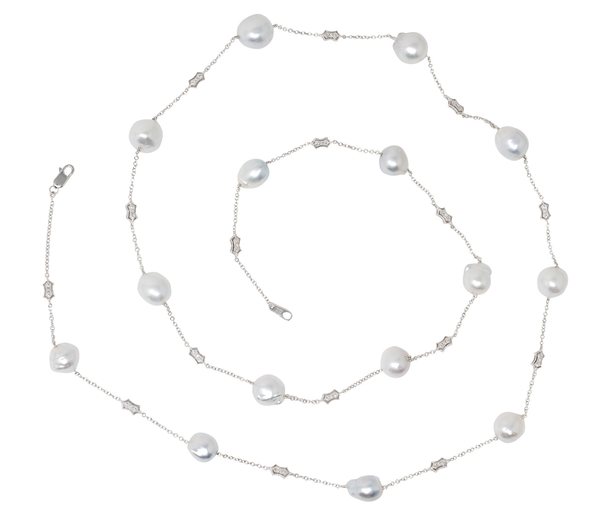 Ed Cora Baroque Pearl Diamond 18 Karat White Gold Contemporary Station Necklace