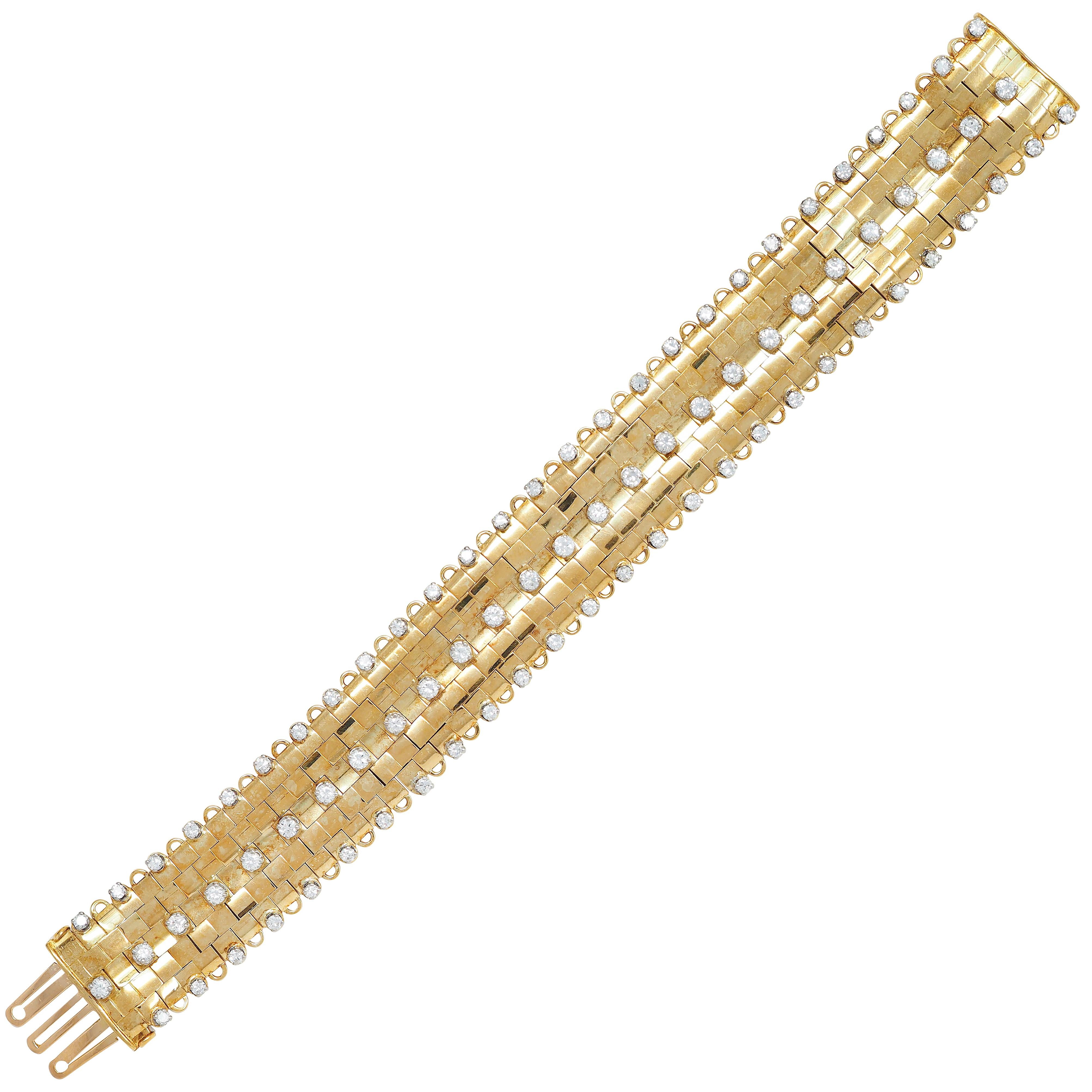 Mid-Century 4.32 CTW Diamond Platinum 18K Gold Vintage Panther Link Bracelet
