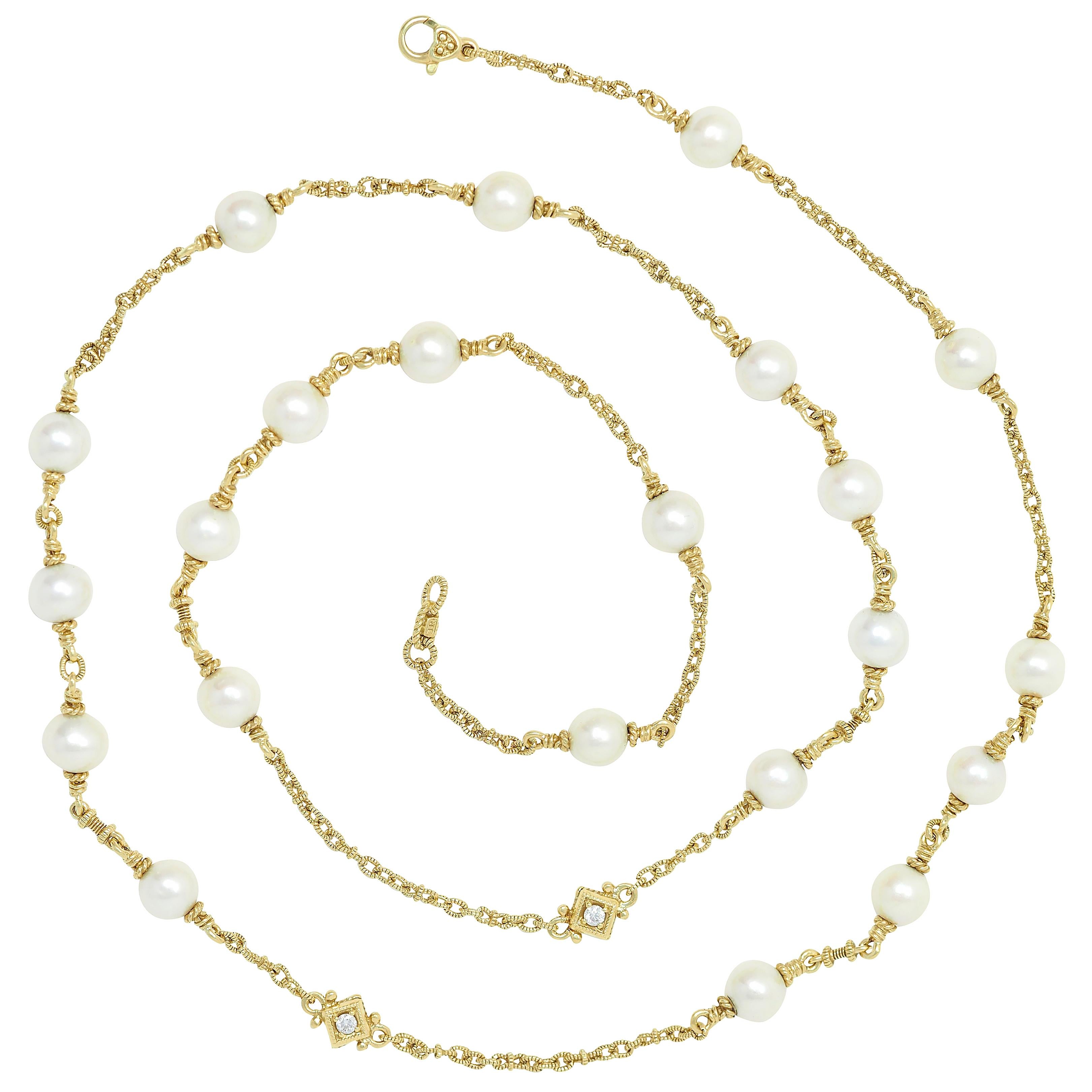 Judith Ripka 2000's Akoya Pearl Diamond 18 Karat Yellow Gold Station Necklace