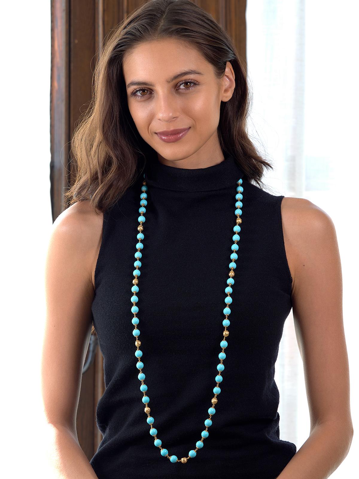 1960's Turquoise 18 Karat Yellow Gold Vintage Beaded Strand Necklace
