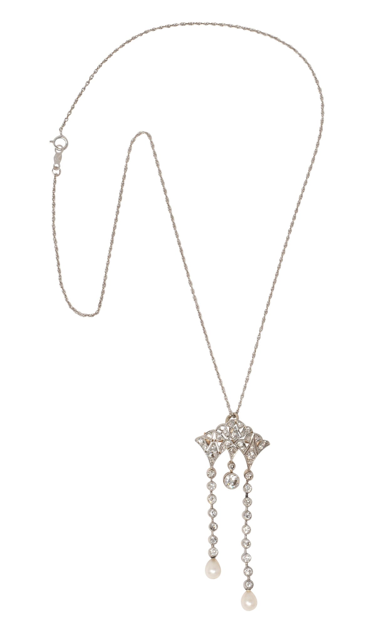 Edwardian Diamond Pearl 14K Gold Platinum Antique Fan Brooch Pendant Necklace