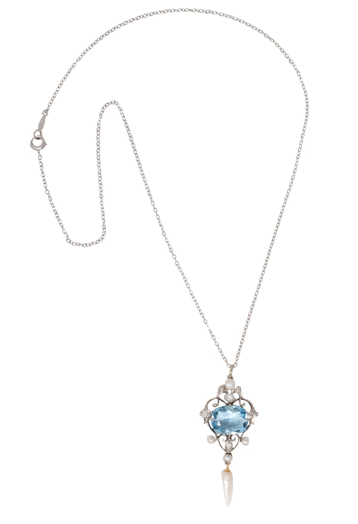 Art Nouveau Aquamarine Diamond Pearl 14K Gold Platinum Antique Heart Necklace