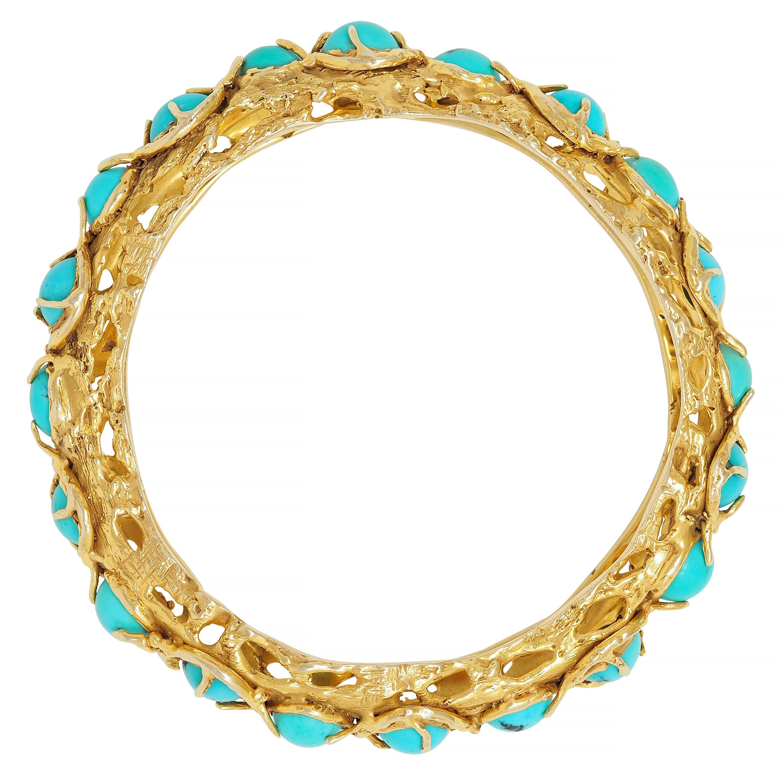 Arthur King Brutalist Turquoise Cabochon 18K Gold Vintage Bangle Bracelet