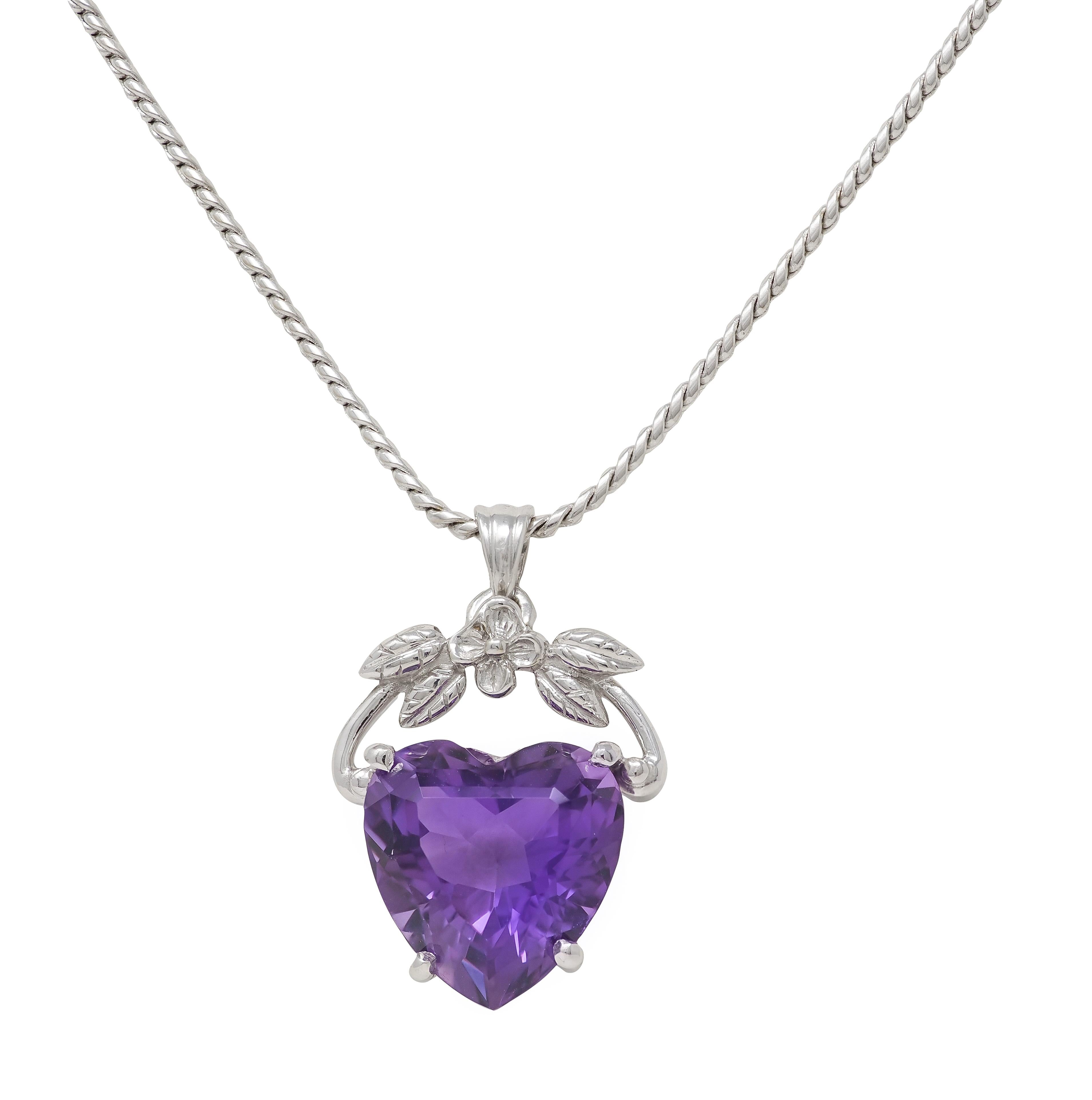 1950's Amethyst 14 Karat White Gold Vintage Floral Heart Pendant Necklace