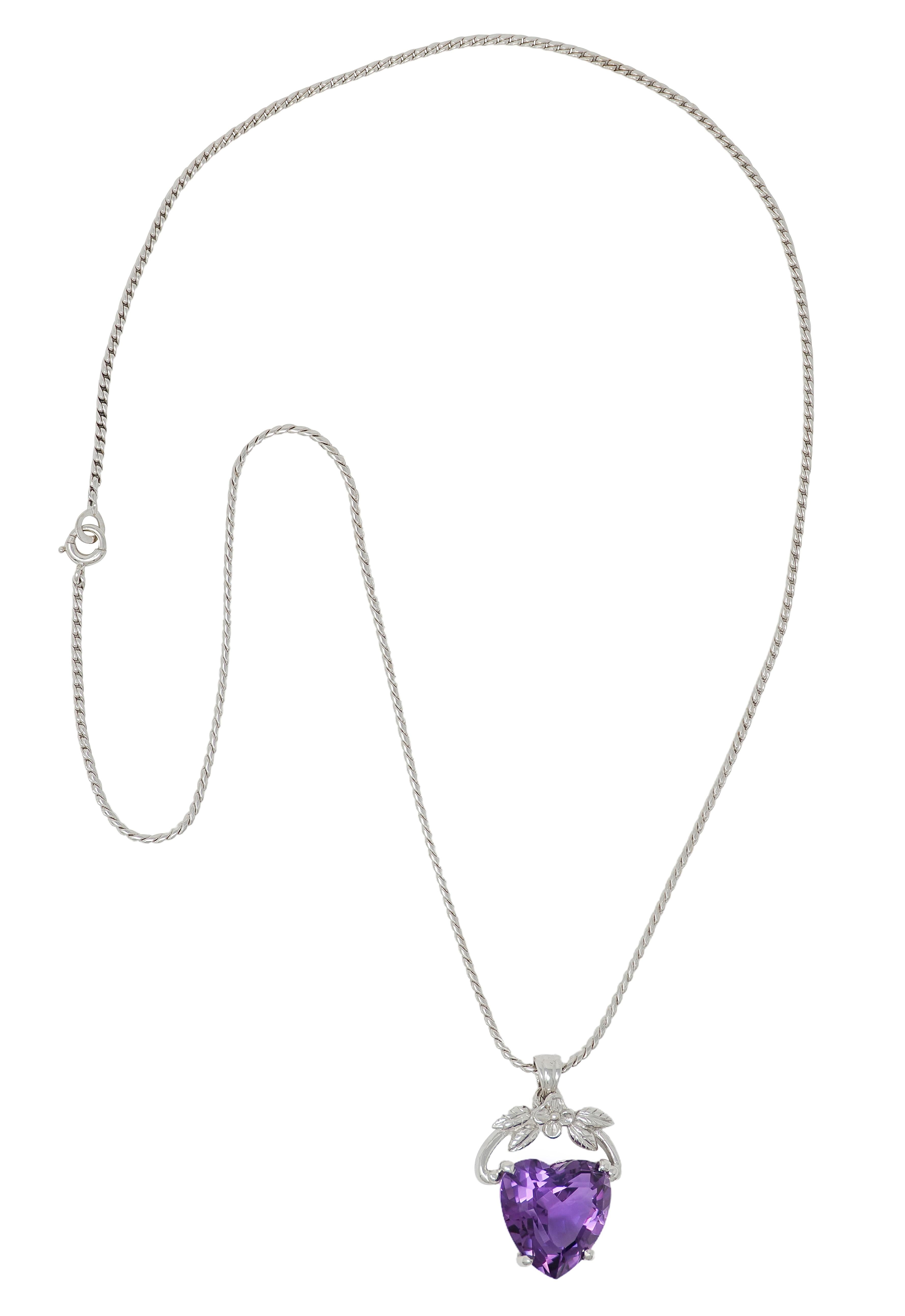 1950's Amethyst 14 Karat White Gold Vintage Floral Heart Pendant Necklace