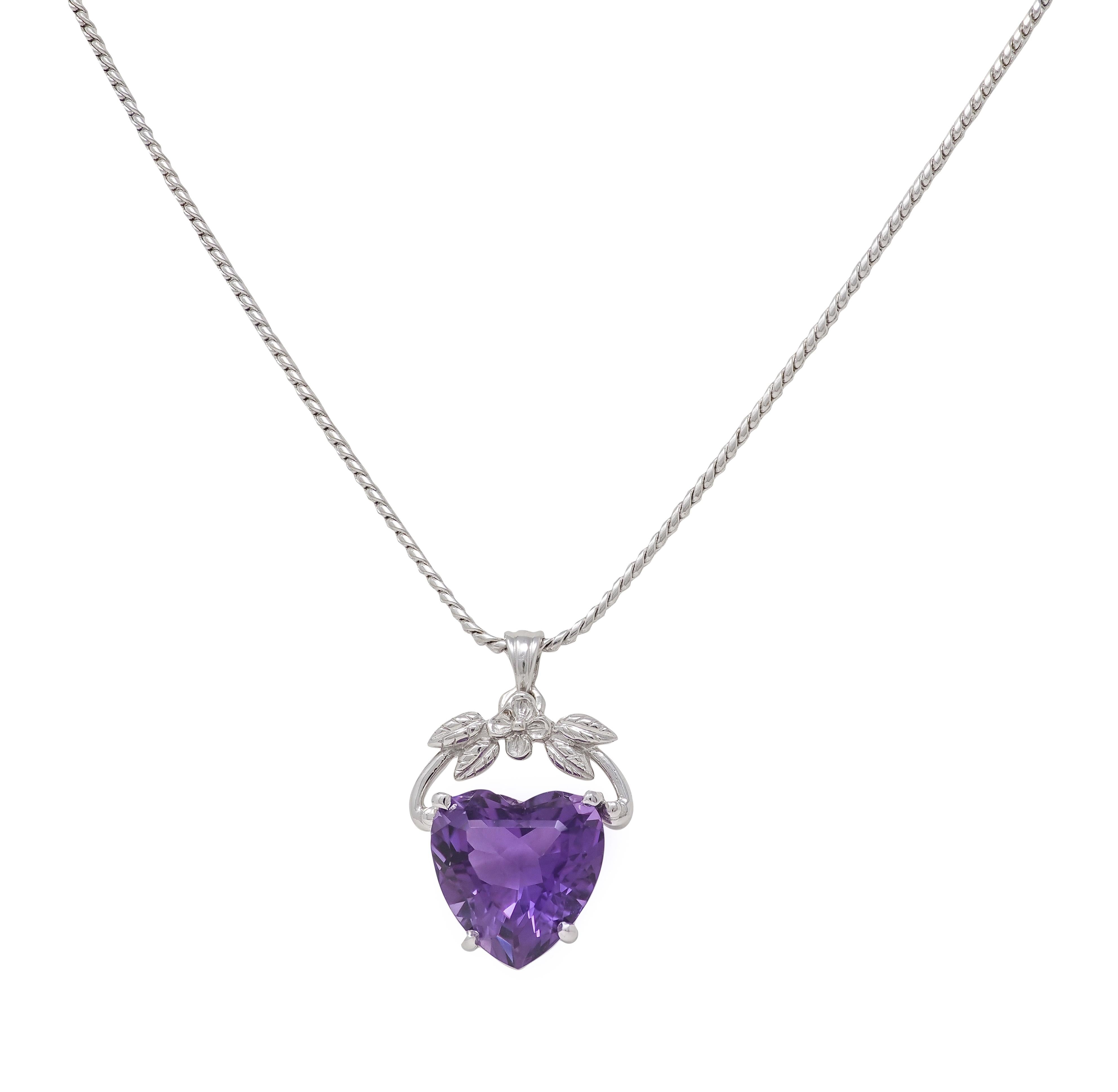 1950's Amethyst 14 Karat White Gold Vintage Floral Heart Pendant Necklace