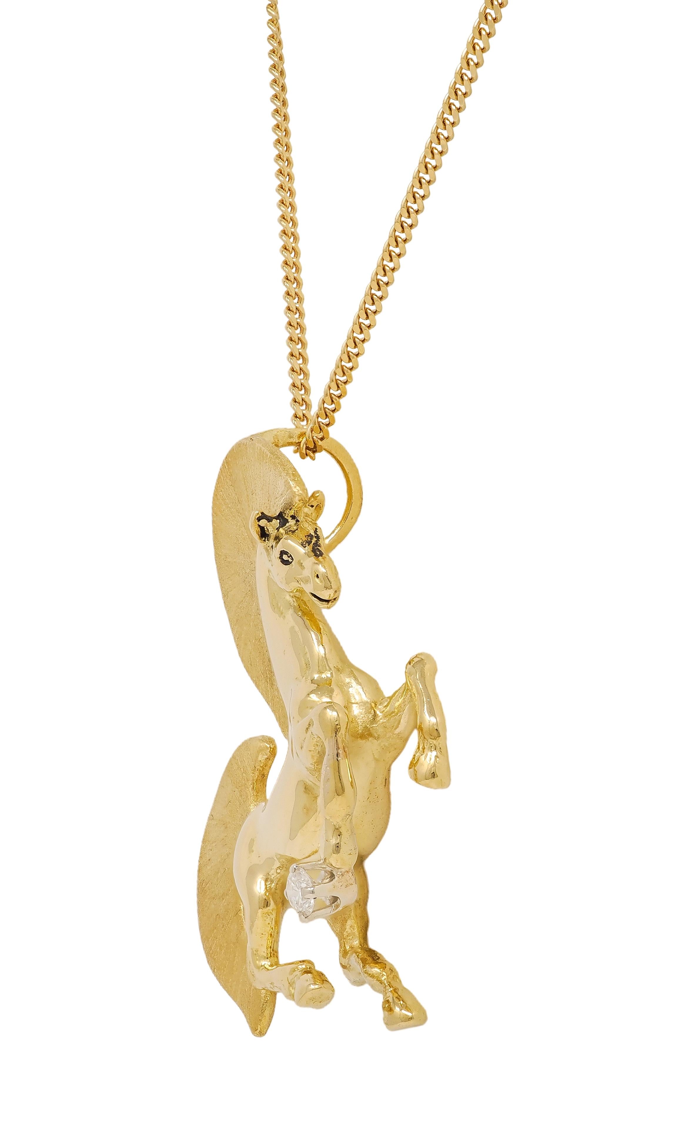 Gayle Bright 1986 18 Karat Two-Tone Gold Diamond Vintage Horse Pendant Necklace