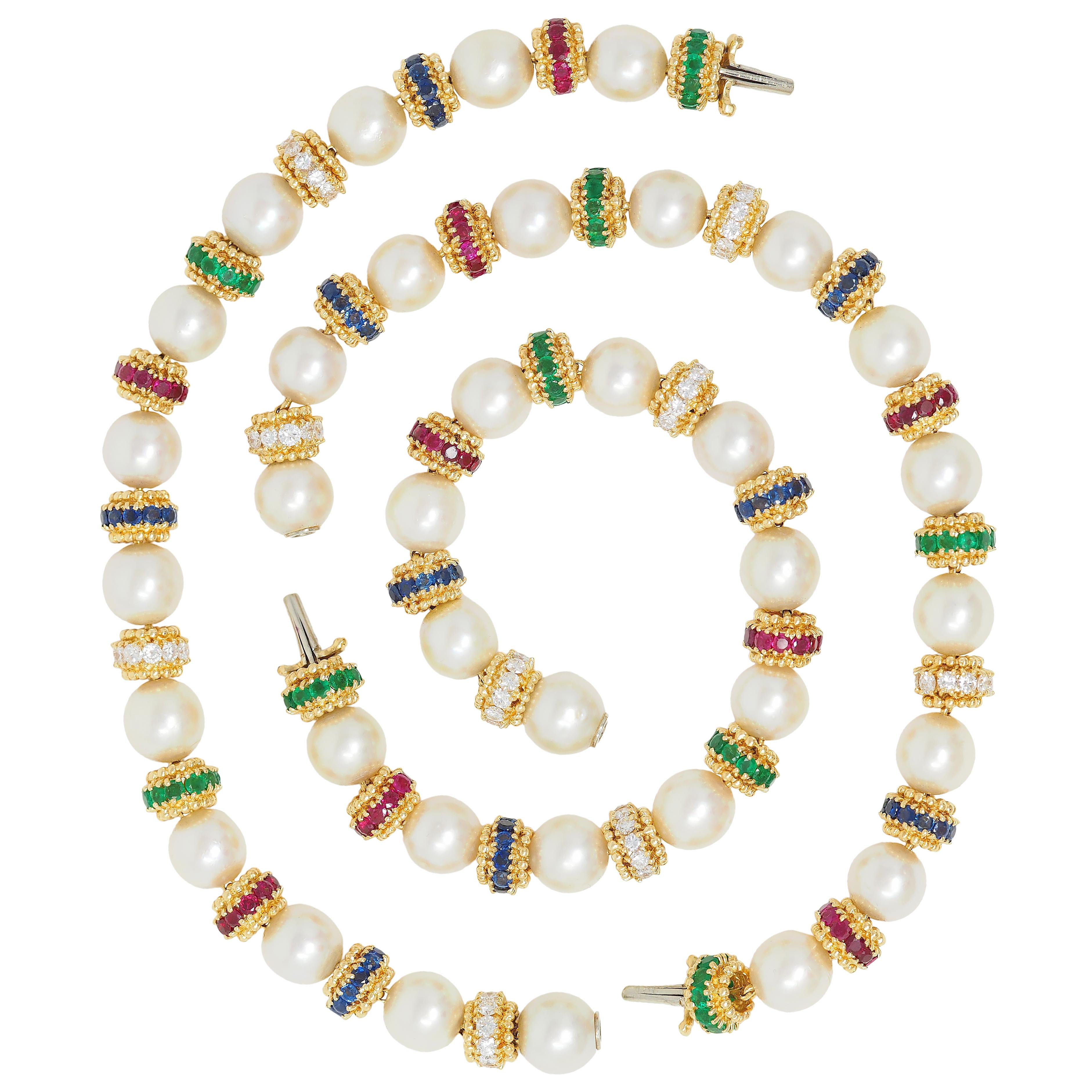 Van Cleef & Arpels 1980's Pearl Multi-Gem 18K Gold Convertible Bracelet Set
