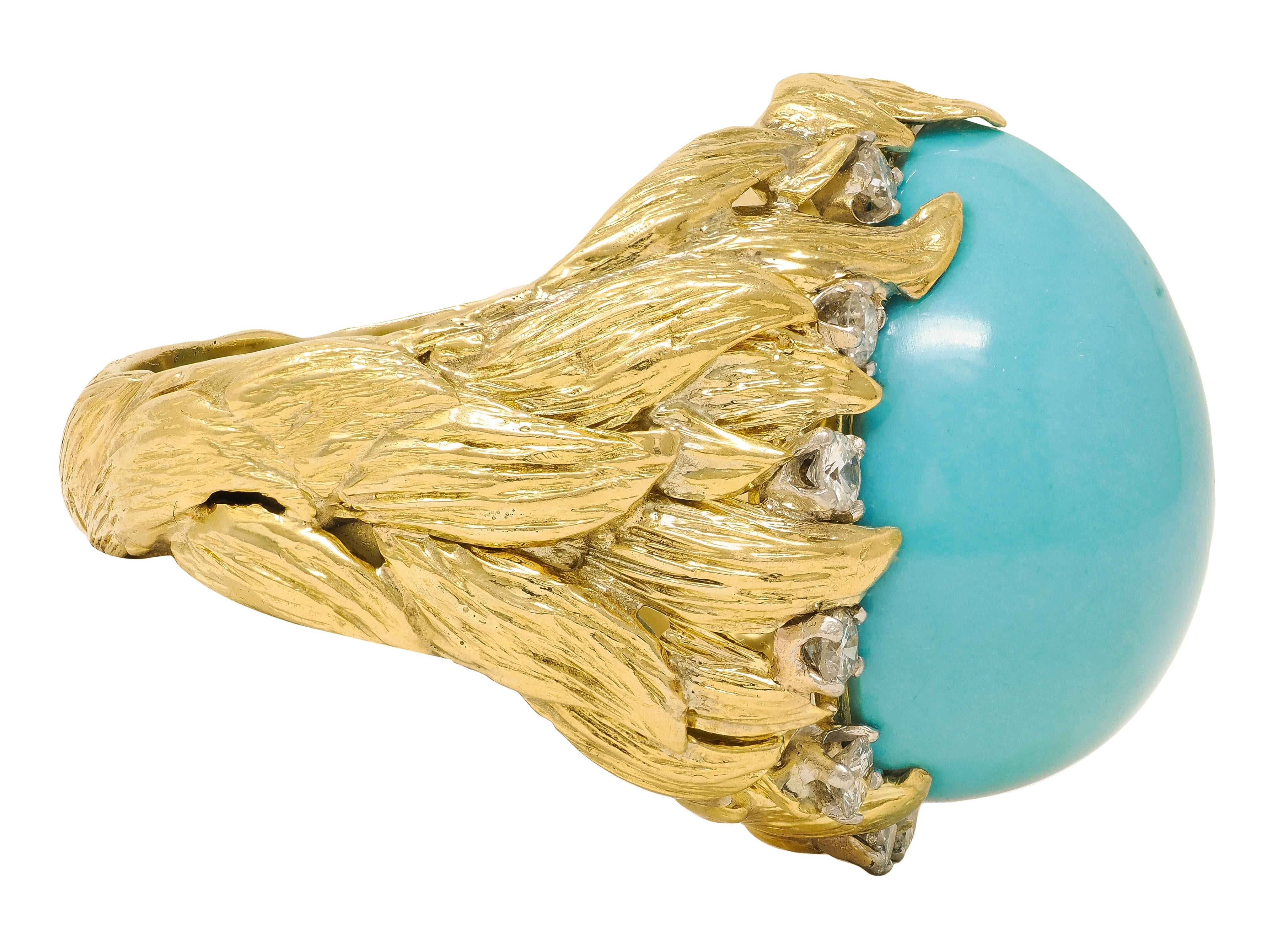 David Webb 1970's Turquoise Diamond 18K Gold Platinum Vintage Foliate Ring