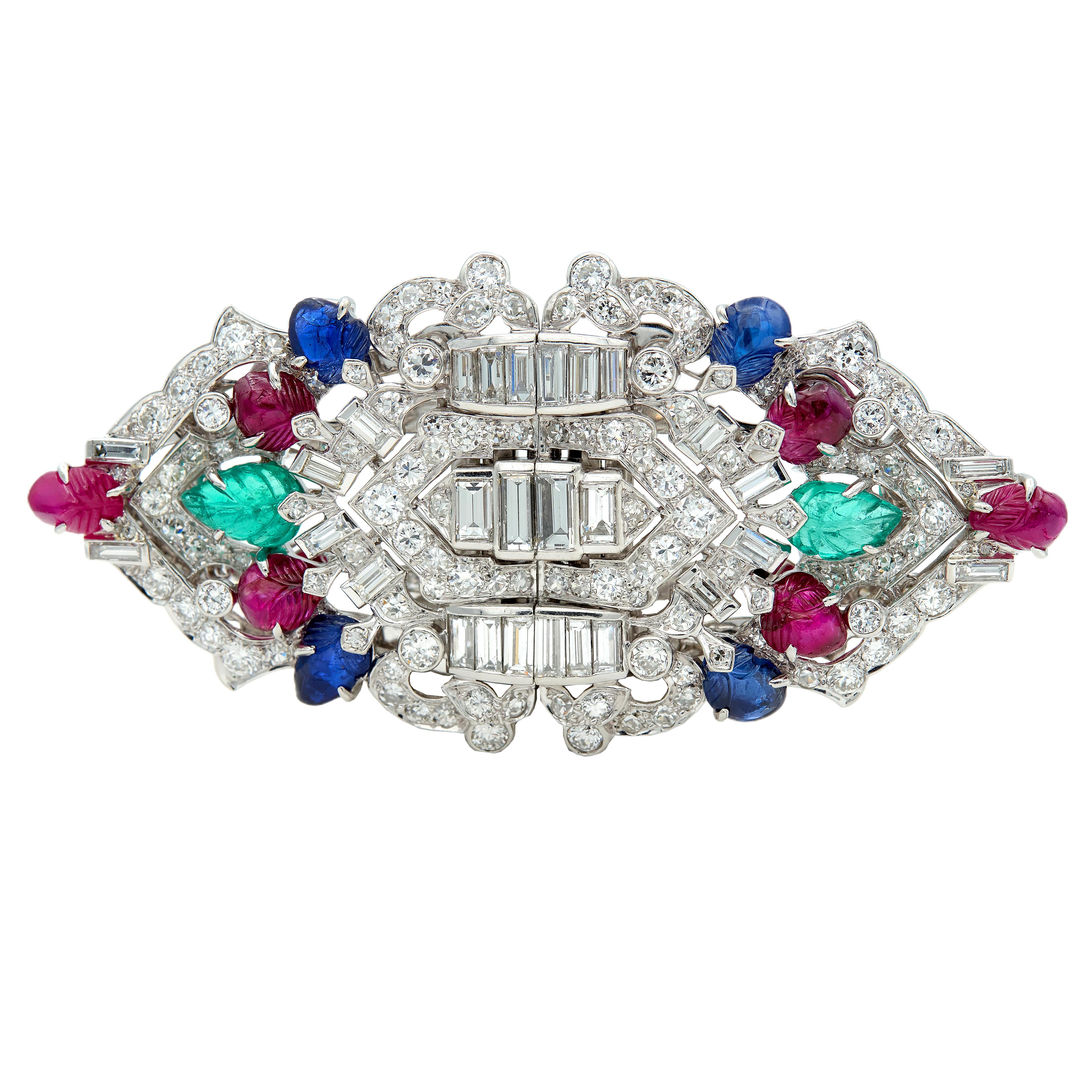 Art Deco Ruby Sapphire Diamond Platinum Vintage Tutti Frutti Brooch Clips
