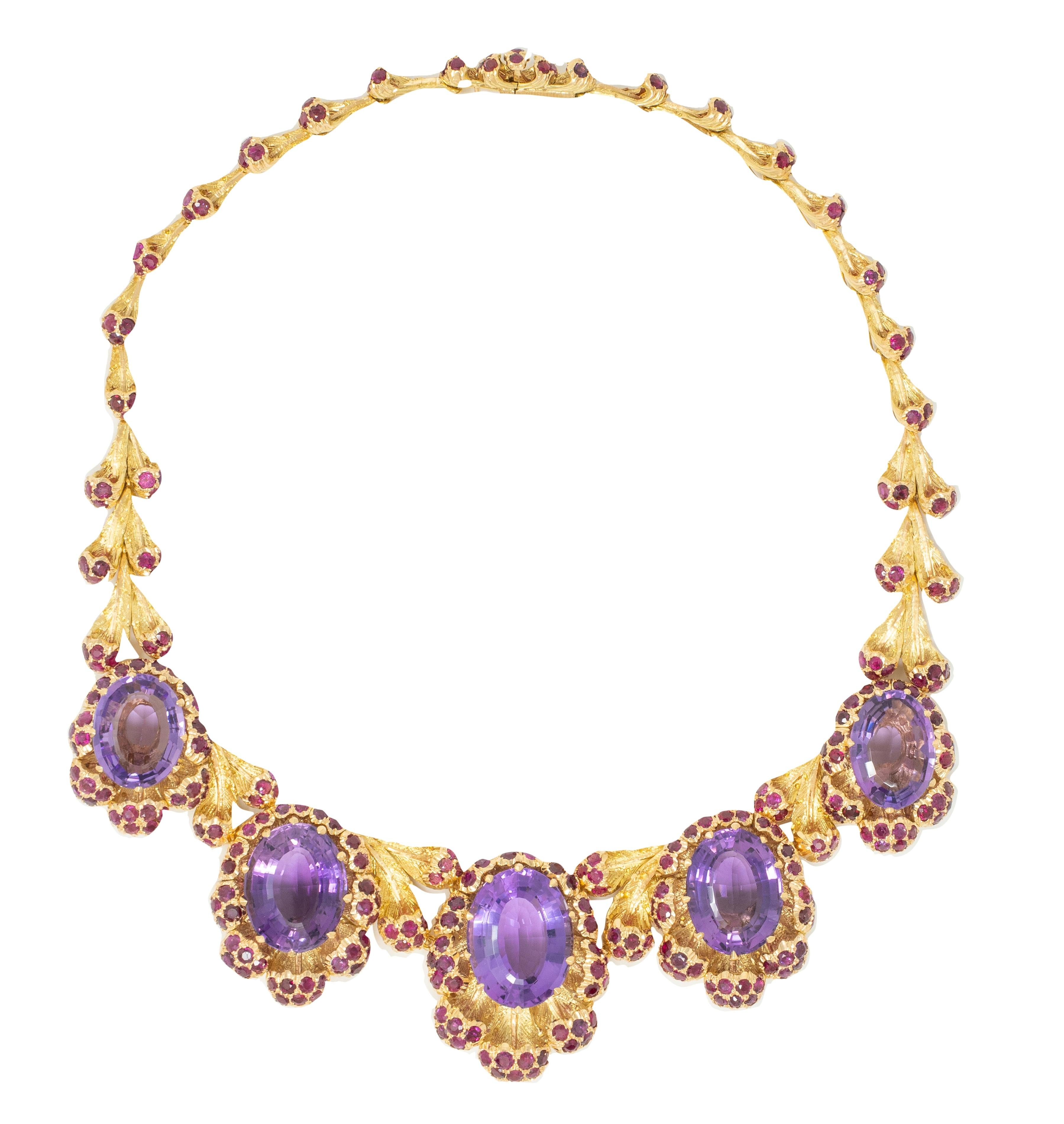 Buccellati 1960 132.76 CTW Amethyst Ruby 18K Gold Vintage Floral Collar Necklace