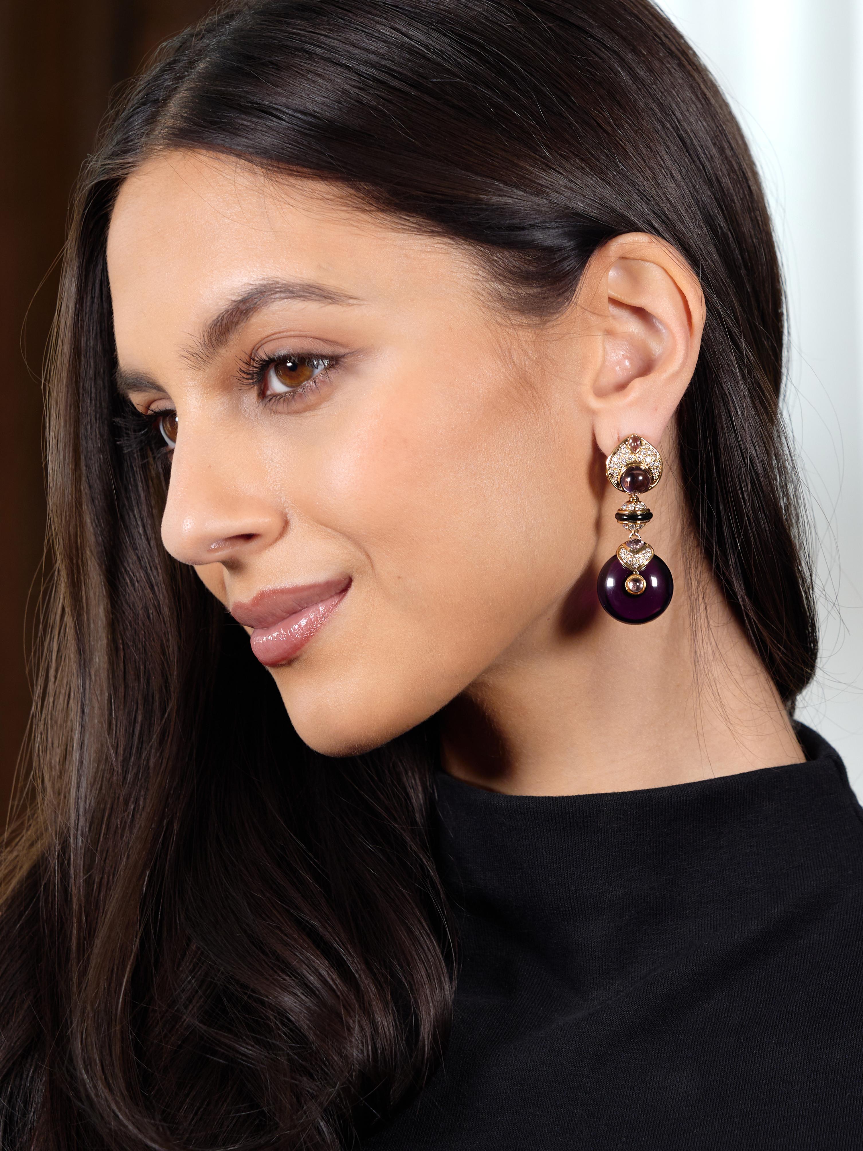 Marina B. 1980's Diamond Amethyst Onyx 18 Karat Gold Vintage Pneu Drop Earrings