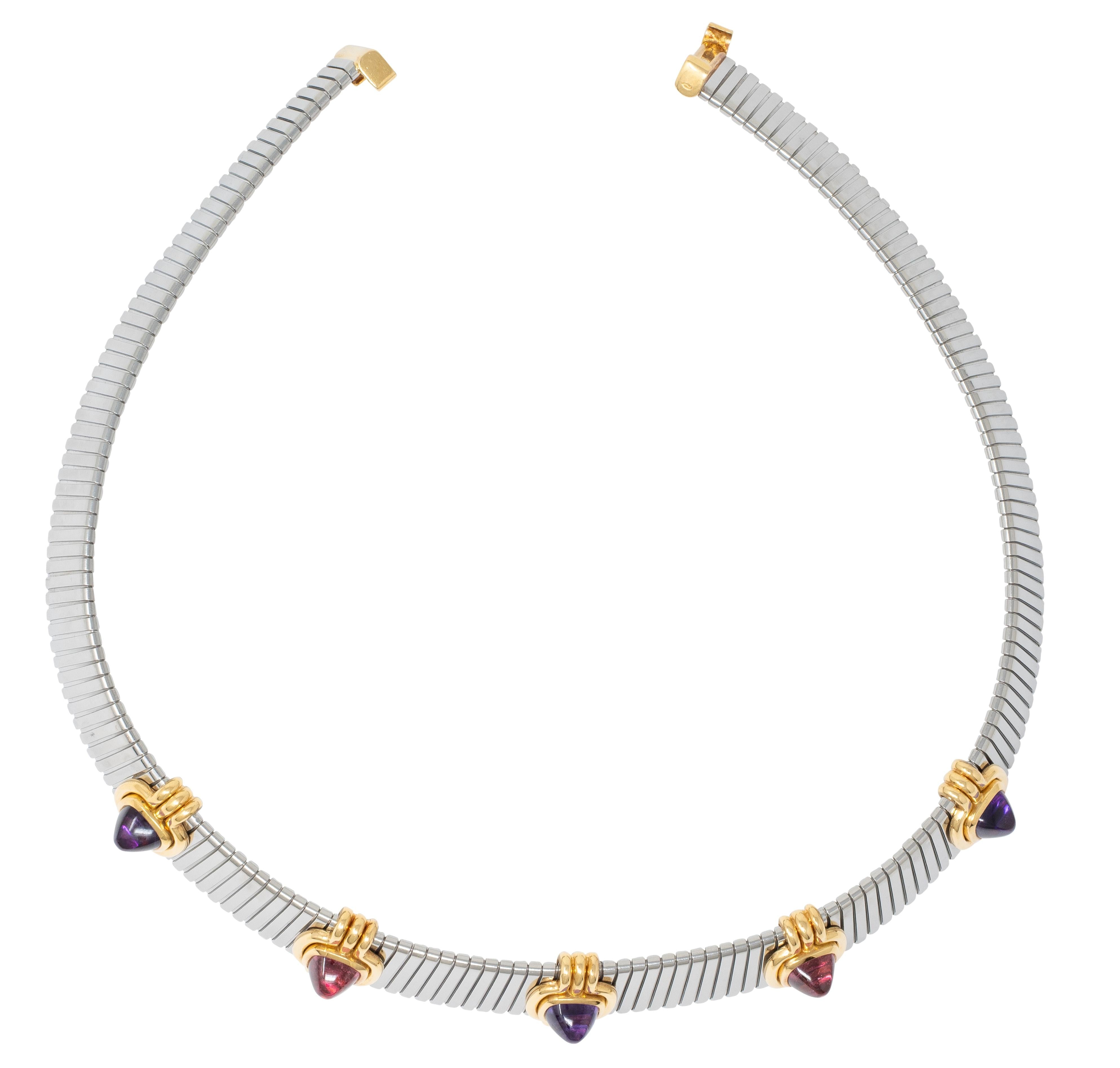 Bulgari 1980 Tourmaline Amethyst Steel 18K Gold Vintage Tubogas Collar Necklace