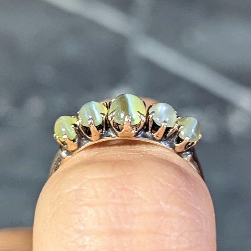 Victorian Cat's Eye Chrysoberyl 14 Karat Gold Five Stone Antique Band Ring Wilson's Estate Jewelry