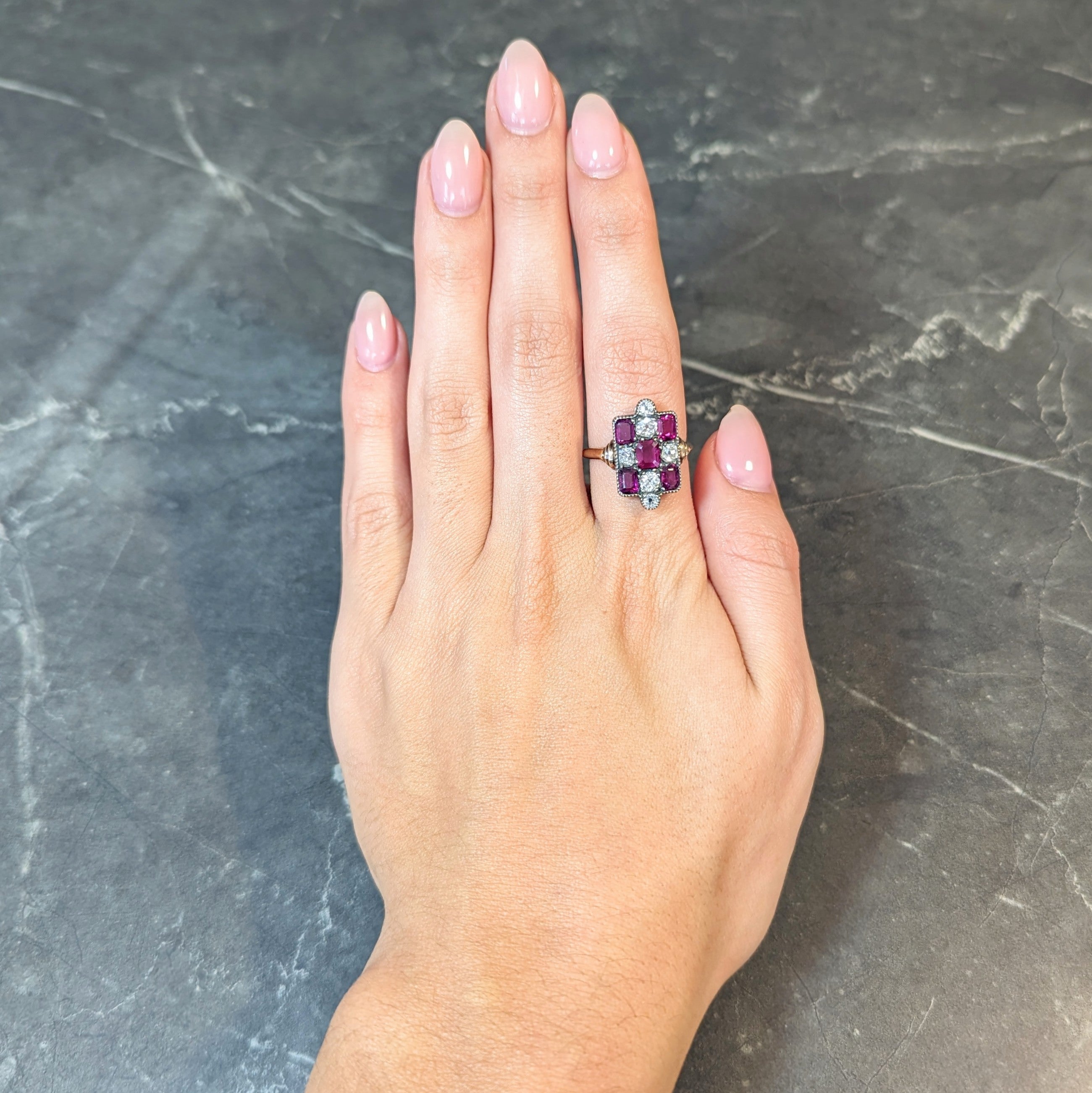 Victorian 3.74 CTW Diamond Ruby Silver 18 Karat Gold Checkerboard Navette Ring Wilson's Estate Jewelry