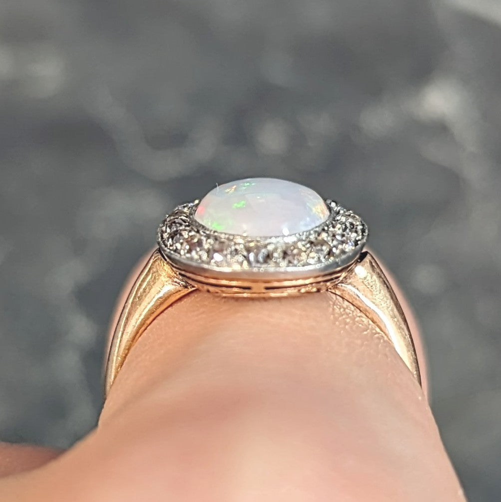 Edwardian Jelly Opal Diamond Platinum 18 Karat Rose Gold Antique Halo Ring Wilson's Estate Jewelry