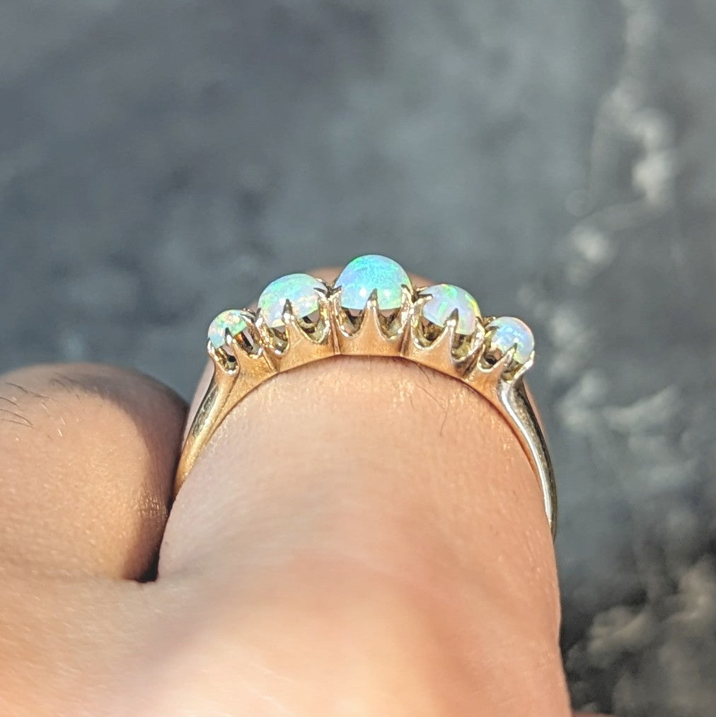 Late Victorian Opal 14 Karat Yellow Gold Antique Five Stone Band Ring Wilson's Estate Jewelry