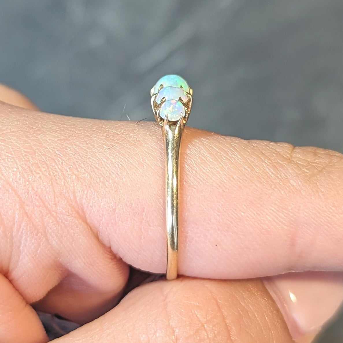 Late Victorian Opal 14 Karat Yellow Gold Antique Five Stone Band Ring Wilson's Estate Jewelry