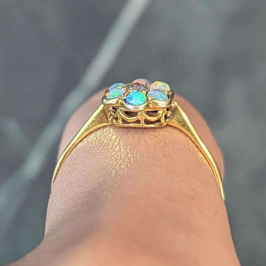 Victorian Opal Diamond 9 Karat Yellow Gold Antique Flower Cluster Ring Wilson's Estate Jewelry