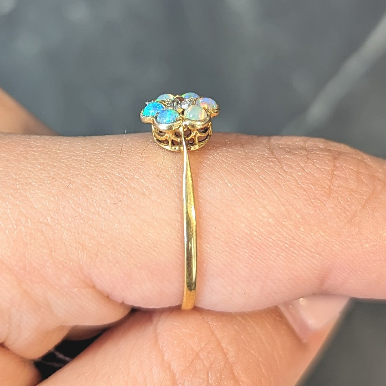 Victorian Opal Diamond 9 Karat Yellow Gold Antique Flower Cluster Ring Wilson's Estate Jewelry