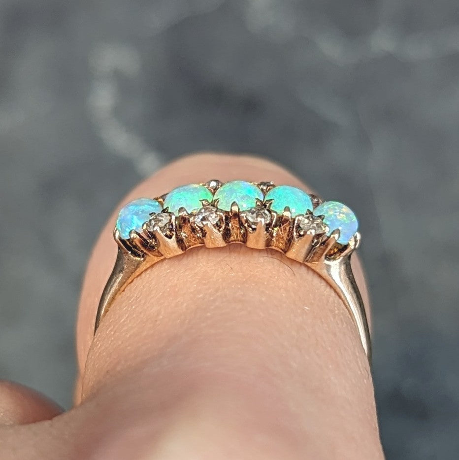 Victorian Opal Cabochon Diamond 14 Karat Yellow Gold Five Stone Antique Ring Wilson's Estate Jewelry