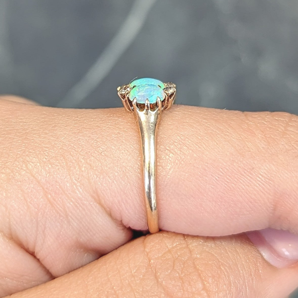 Victorian Opal Cabochon Diamond 14 Karat Yellow Gold Five Stone Antique Ring Wilson's Estate Jewelry