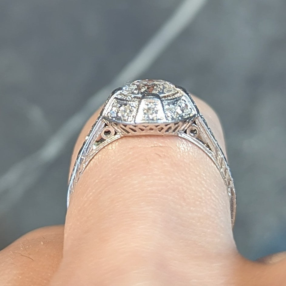 Art Deco 1.32 CTW Old European Cut Diamond Platinum Halo Vintage Engagement Ring Wilson's Estate Jewelry