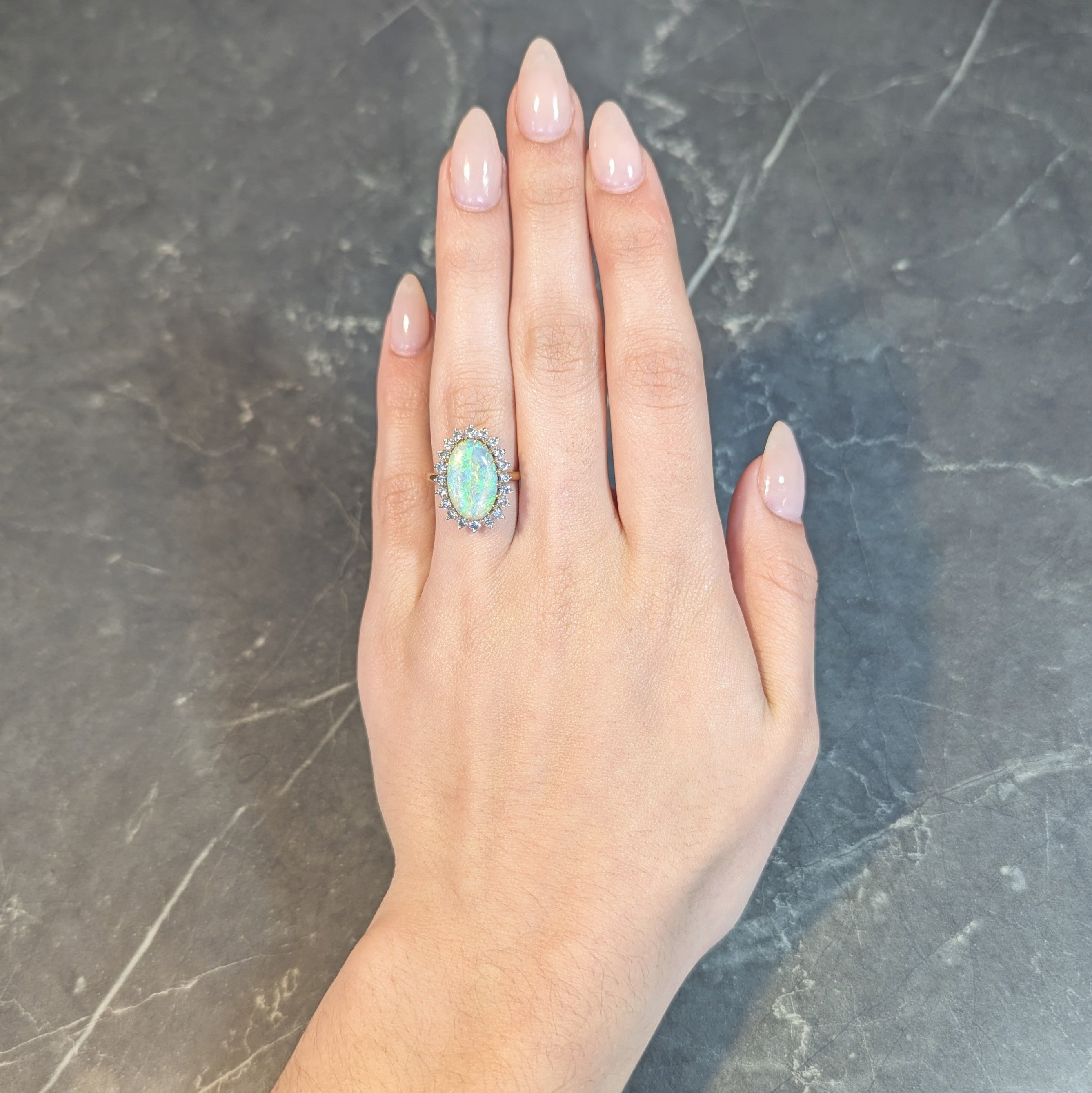 Mid-Century Vintage Opal Diamond Platinum 18 Karat Yellow Gold Halo Ring Wilson's Estate Jewelry