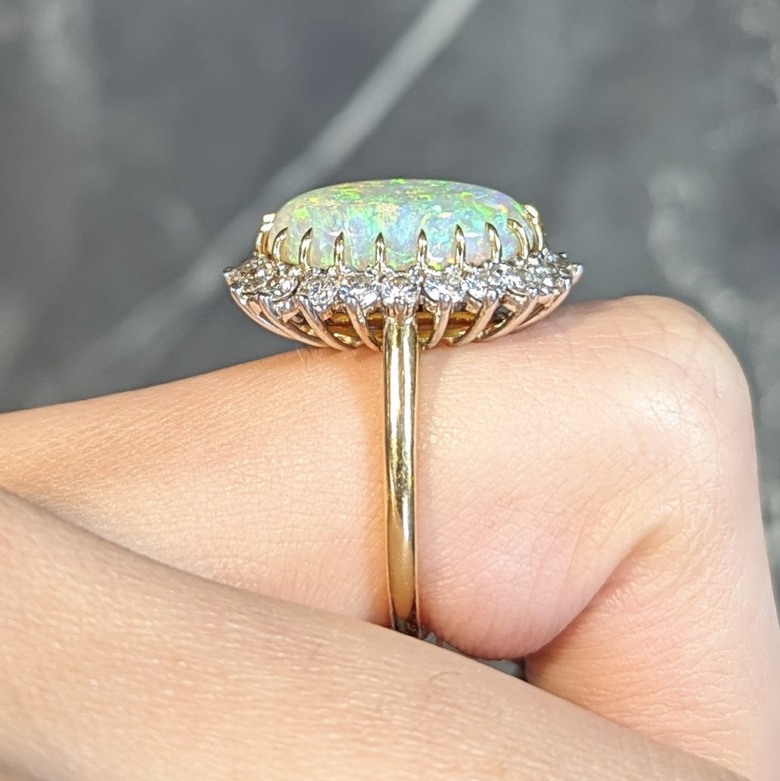 Mid-Century Vintage Opal Diamond Platinum 18 Karat Yellow Gold Halo Ring Wilson's Estate Jewelry