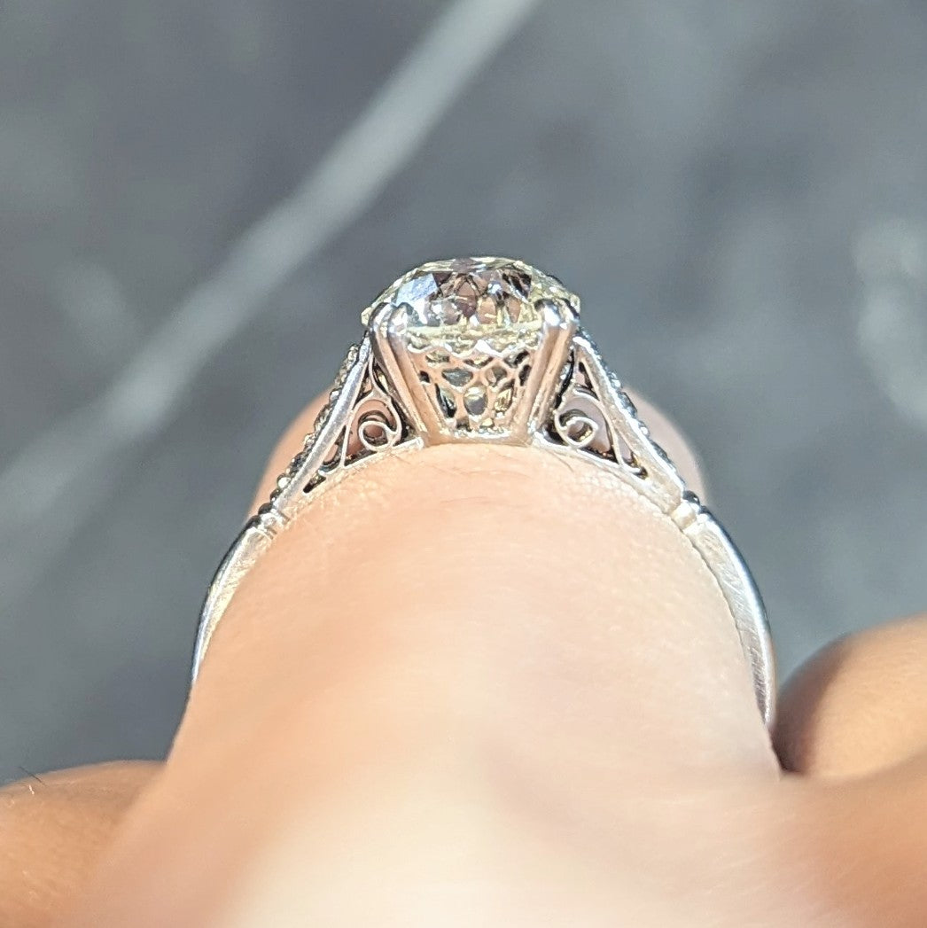 Art Deco Old Mine Cut Diamond Platinum Scrolling Vintage Engagement Ring Wilson's Estate Jewelry
