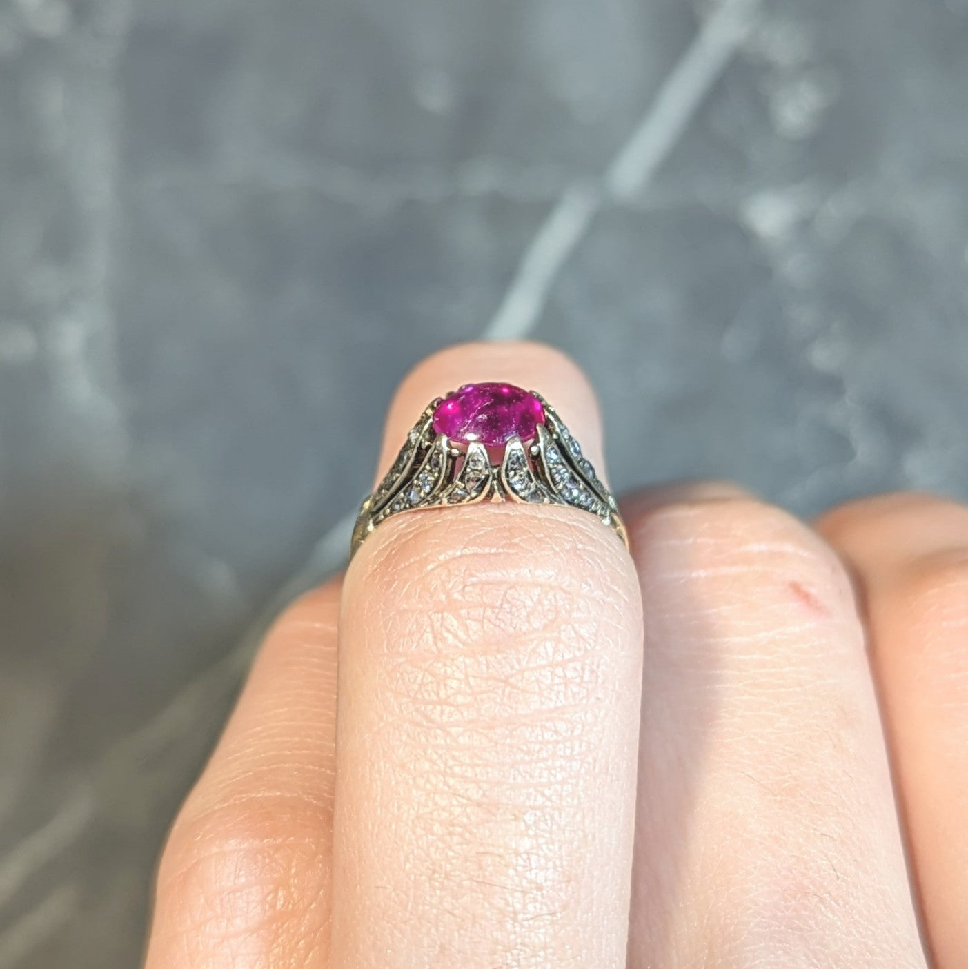 Victorian Cabochon Ruby Diamond 14 Karat Yellow Gold Foliate Antique Ring Wilson's Estate Jewelry