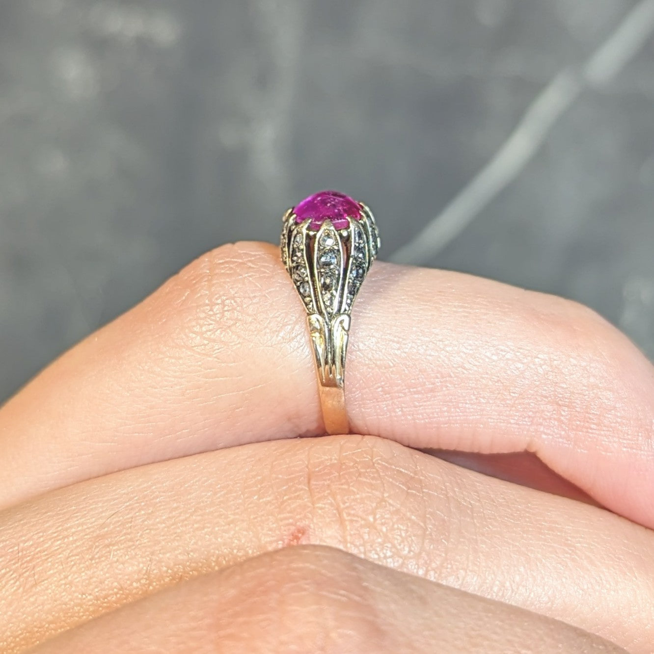 Victorian Cabochon Ruby Diamond 14 Karat Yellow Gold Foliate Antique Ring Wilson's Estate Jewelry