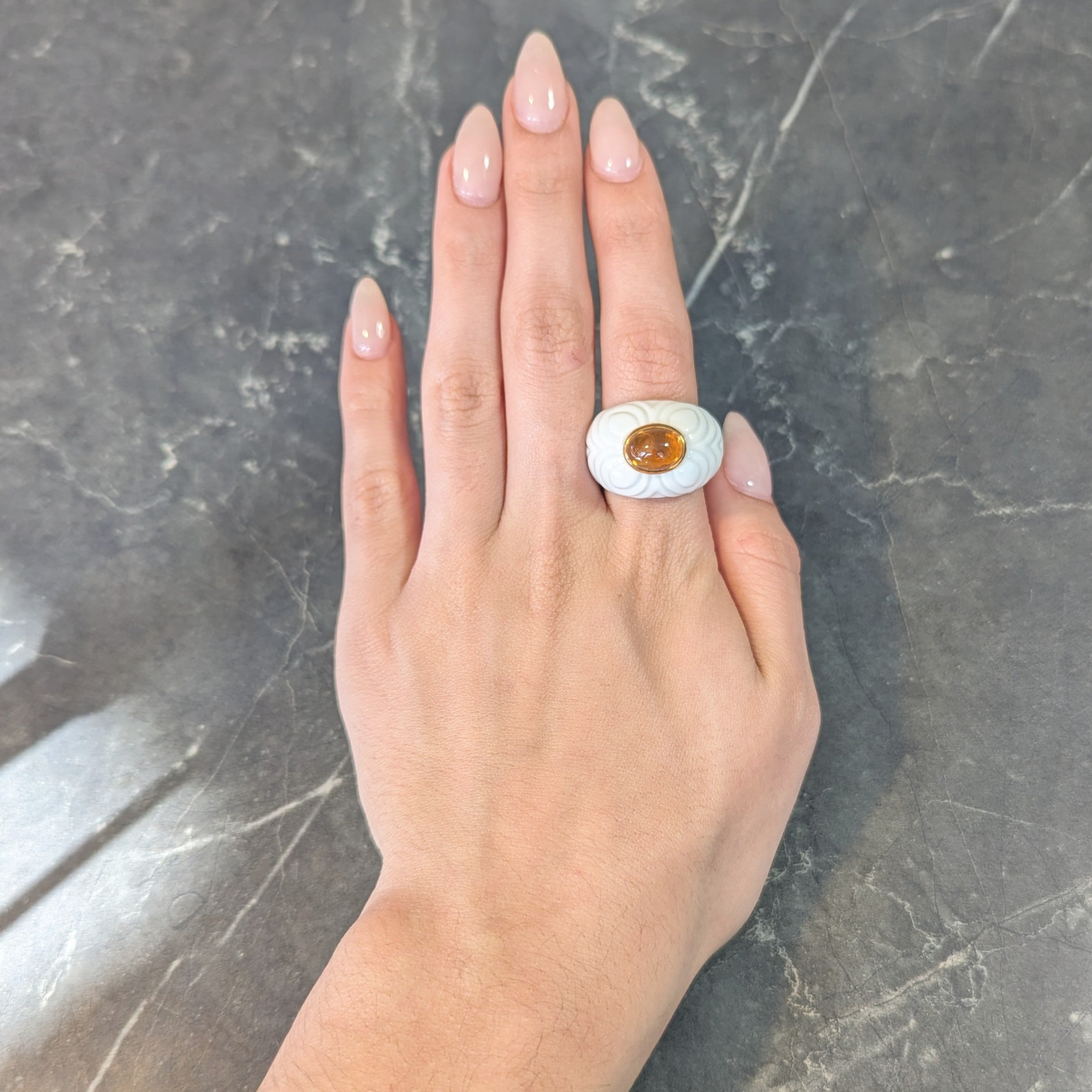 Bulgari 1990's Citrine Porcelain Ceramic 18 Karat Gold Chandra Vintage Ring Wilson's Estate Jewelry