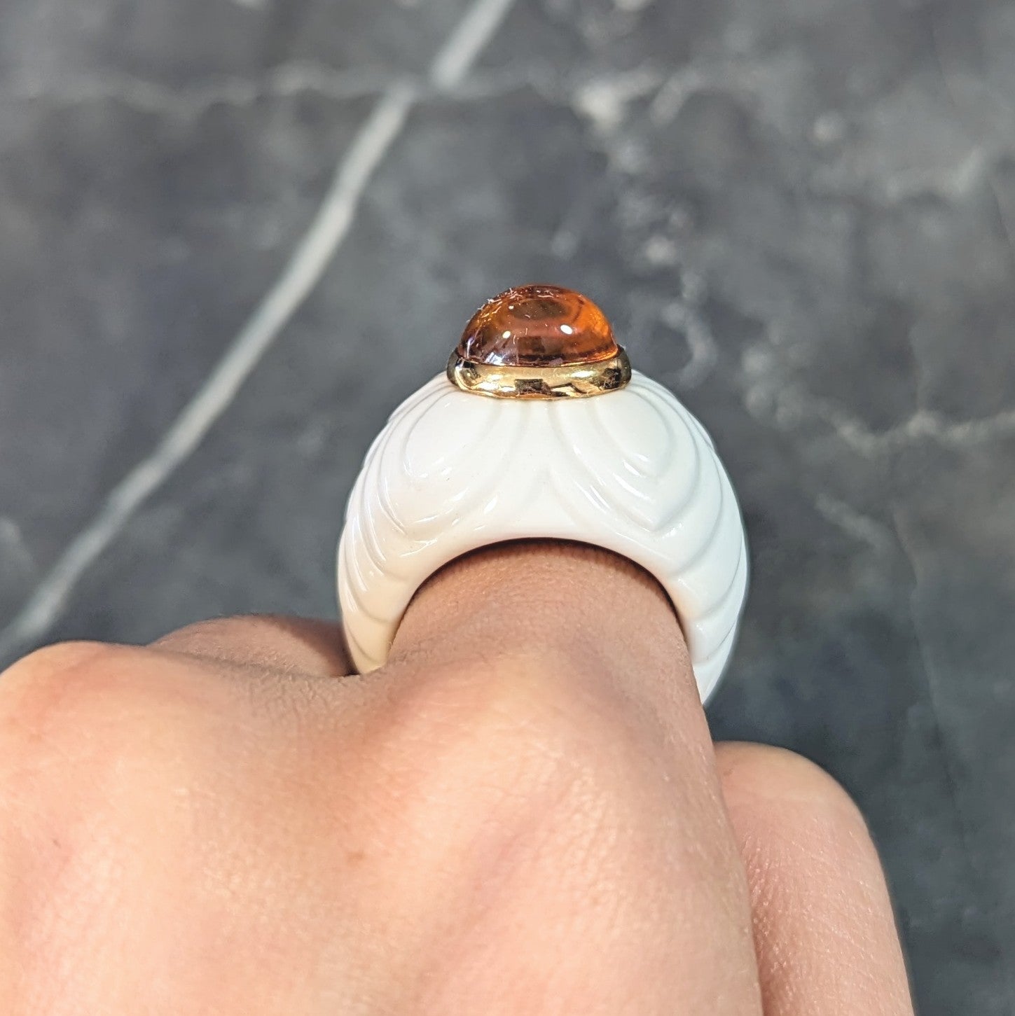 Bulgari 1990's Citrine Porcelain Ceramic 18 Karat Gold Chandra Vintage Ring Wilson's Estate Jewelry