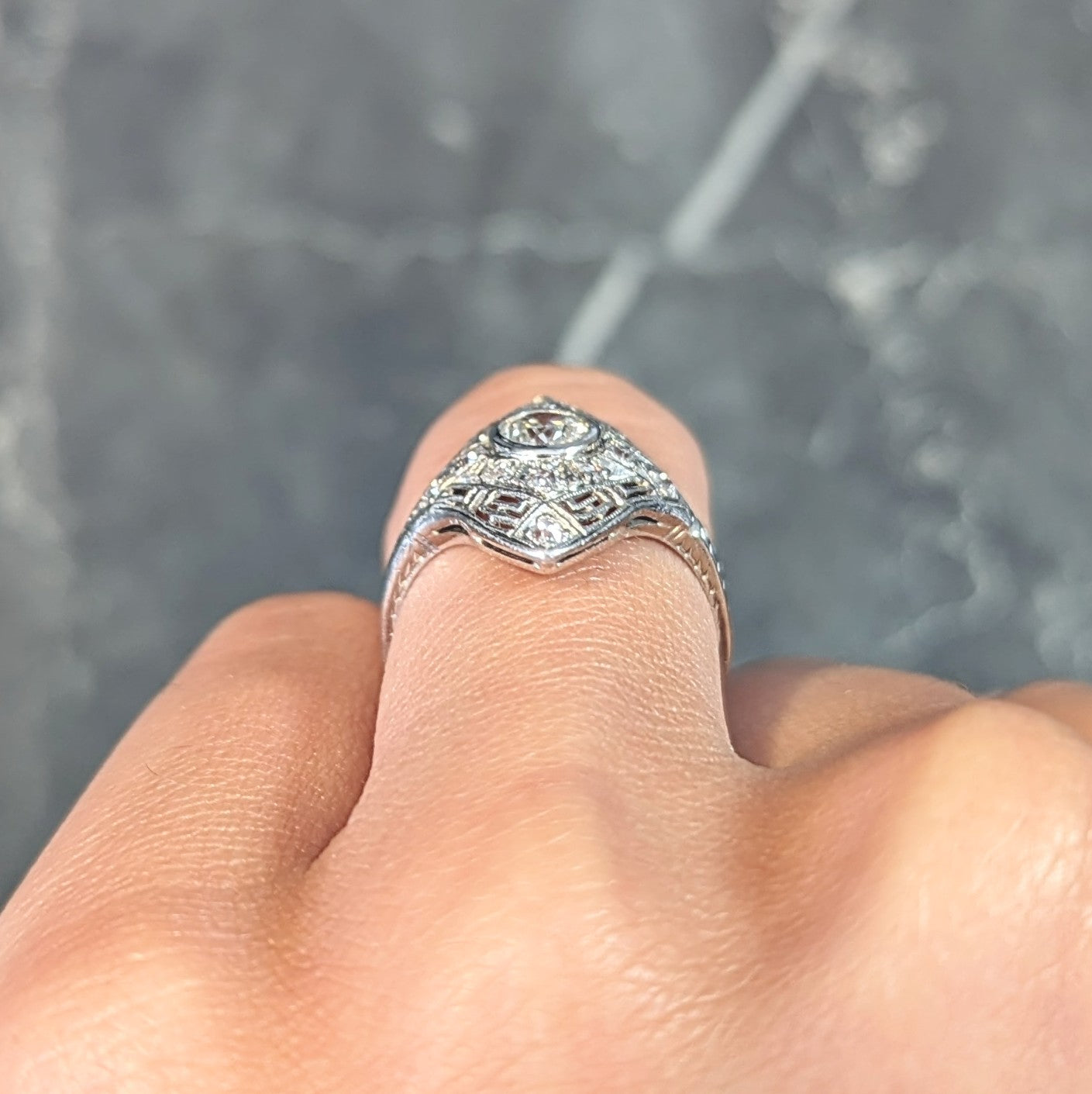 Art Deco Diamond 18 Karat White Gold Greek Key Vintage Navette Dinner Ring Wilson's Estate Jewelry