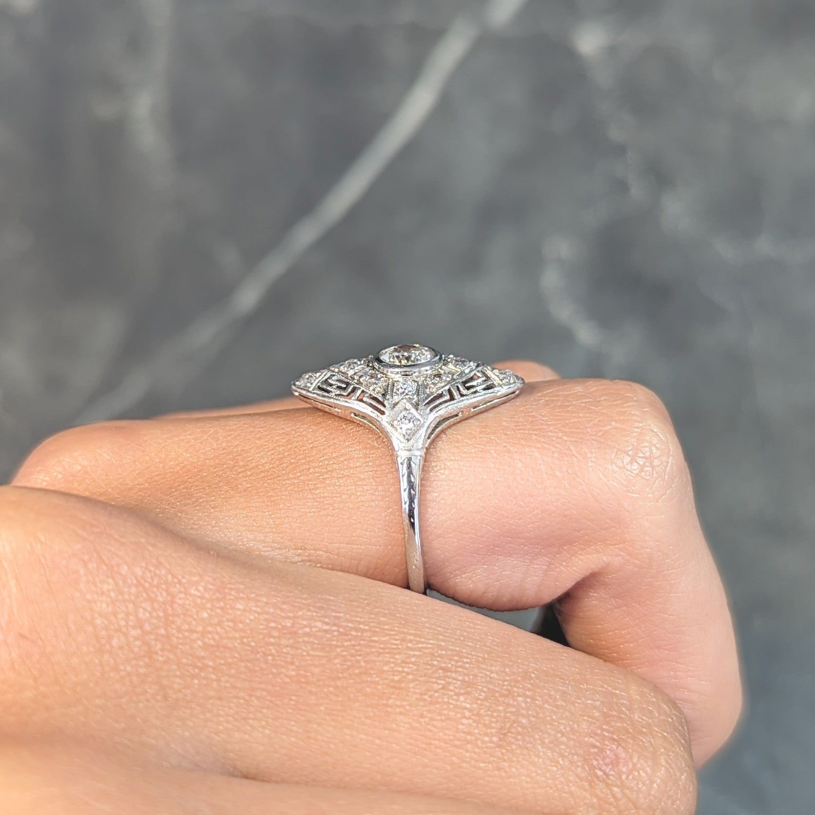 Art Deco Diamond 18 Karat White Gold Greek Key Vintage Navette Dinner Ring Wilson's Estate Jewelry