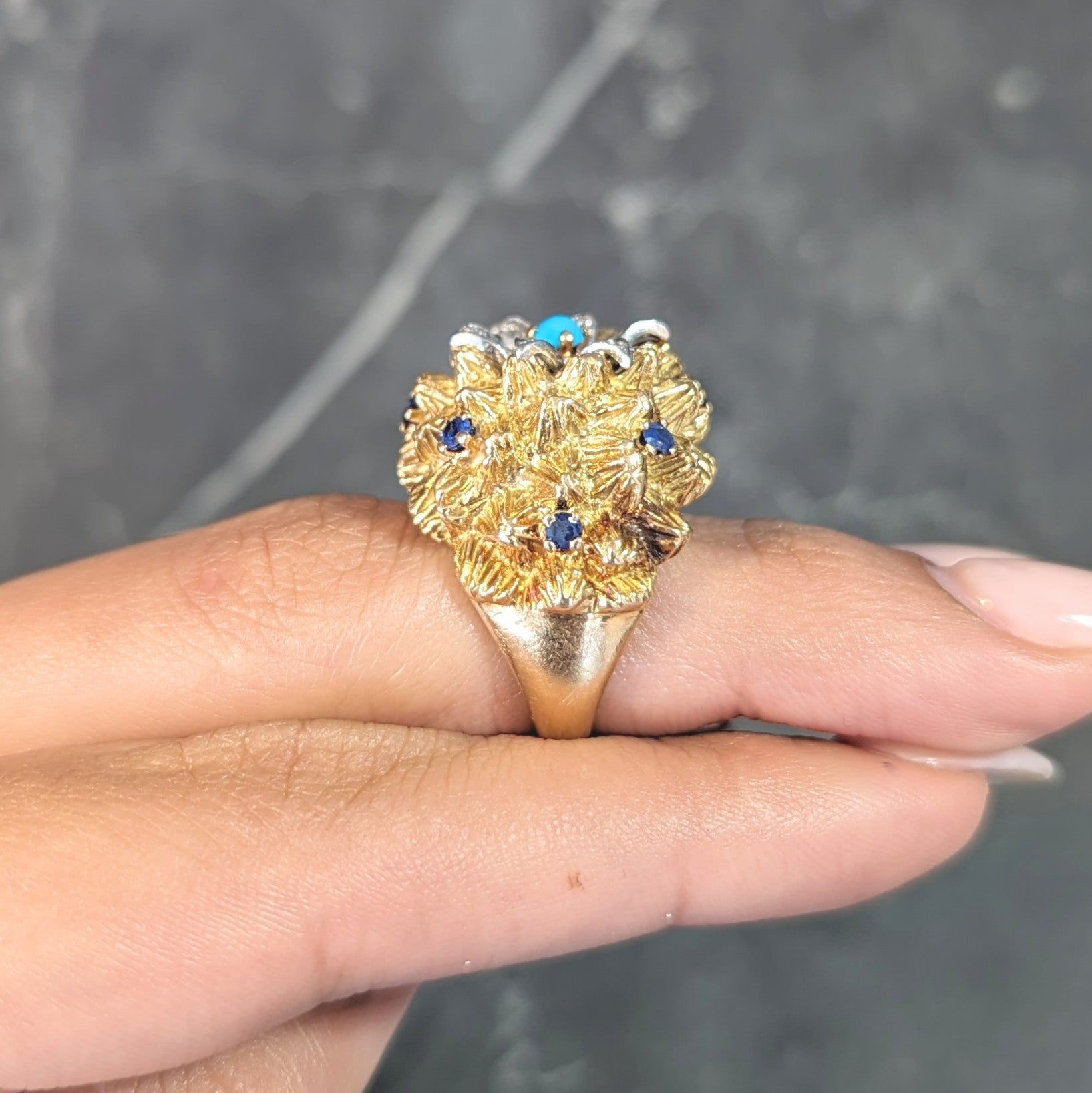 1960's French Sapphire Diamond Turquoise Platinum 18 Karat Yellow Gold Cactus Flower Ring Wilson's Estate Jewelry