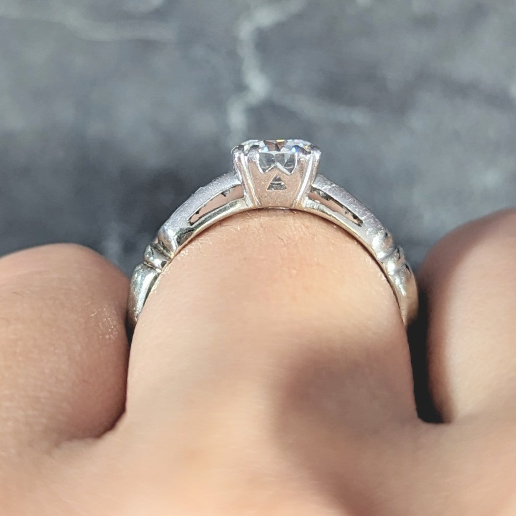 Abel Bros & Co. Retro 1.03 CTW Transitional Cut Diamond 18 Karat White Gold Square Form Notched Vintage Engagement Ring Wilson's Estate Jewelry