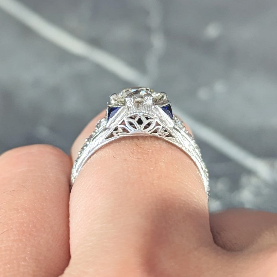 Art Deco 1.27 CTW Old European Cut Diamond Sapphire Platinum Lotus Foliate Engagement Ring Wilson's Estate Jewelry