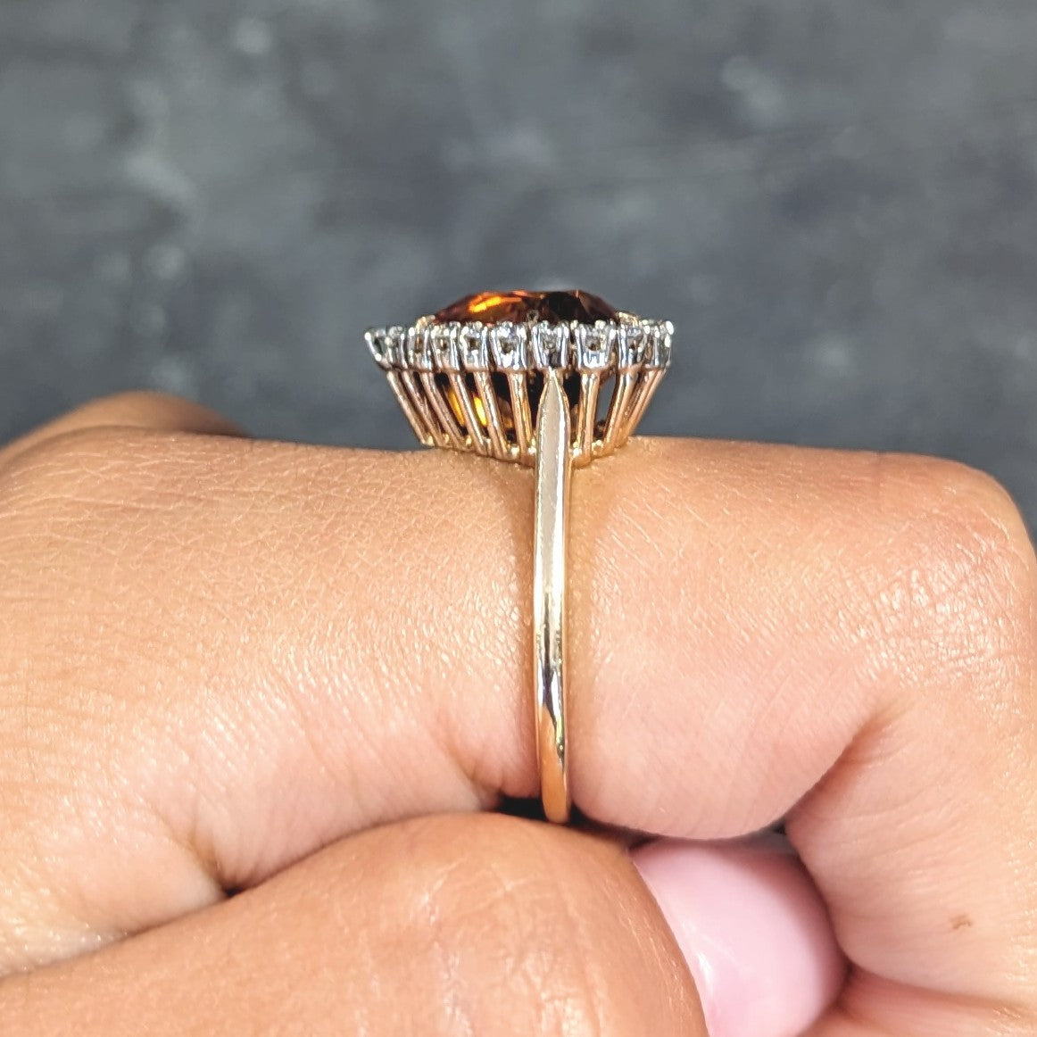 1964 F. & F. Felger Citrine Diamond 14 Karat Two-Tone Gold Heart Halo Ring Wilson's Estate Jewelry