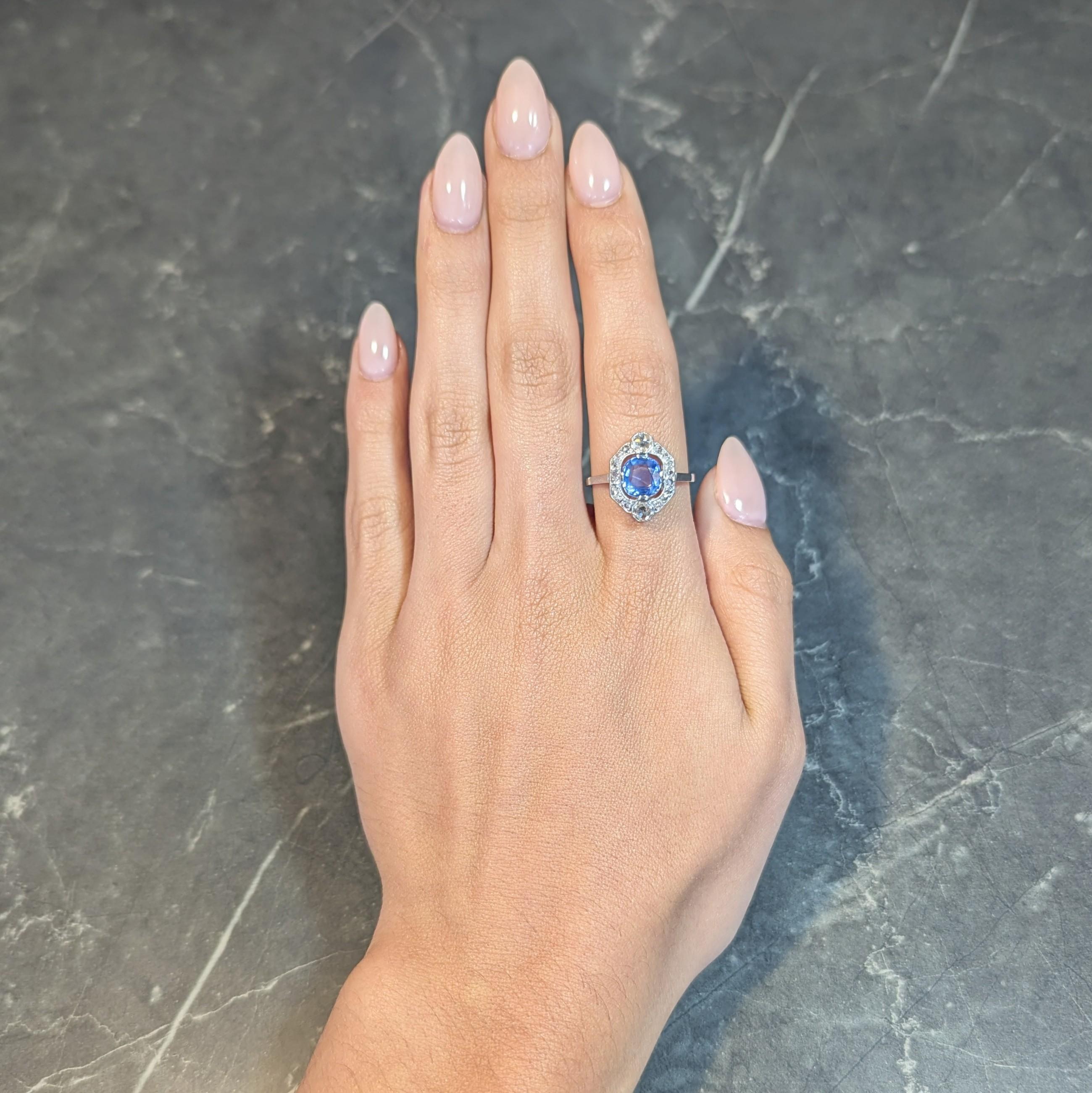 Art Deco No Heat Ceylon Sapphire Diamond Platinum Vintage Halo Ring GIA