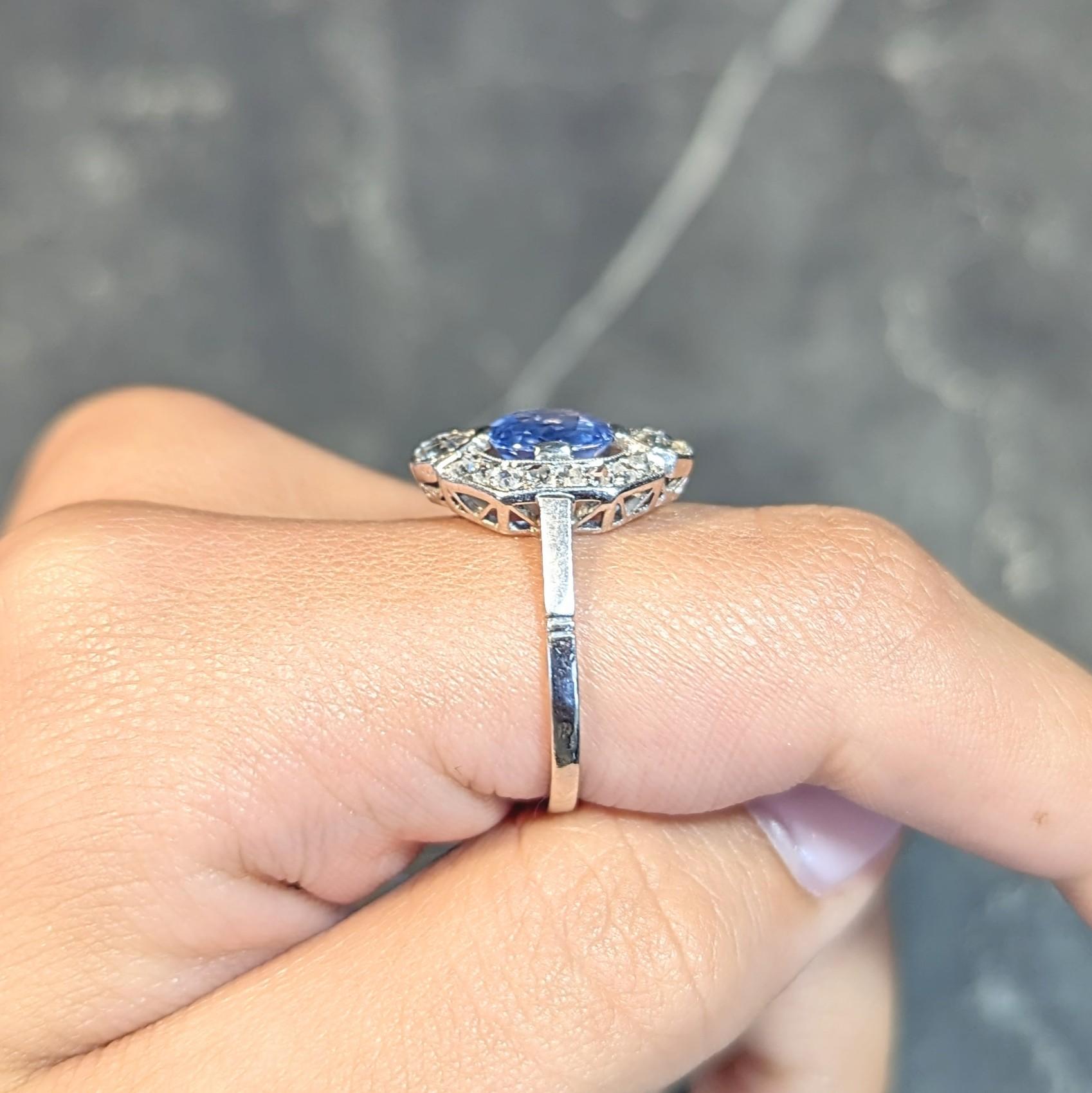 Art Deco No Heat Ceylon Sapphire Diamond Platinum Vintage Halo Ring GIA